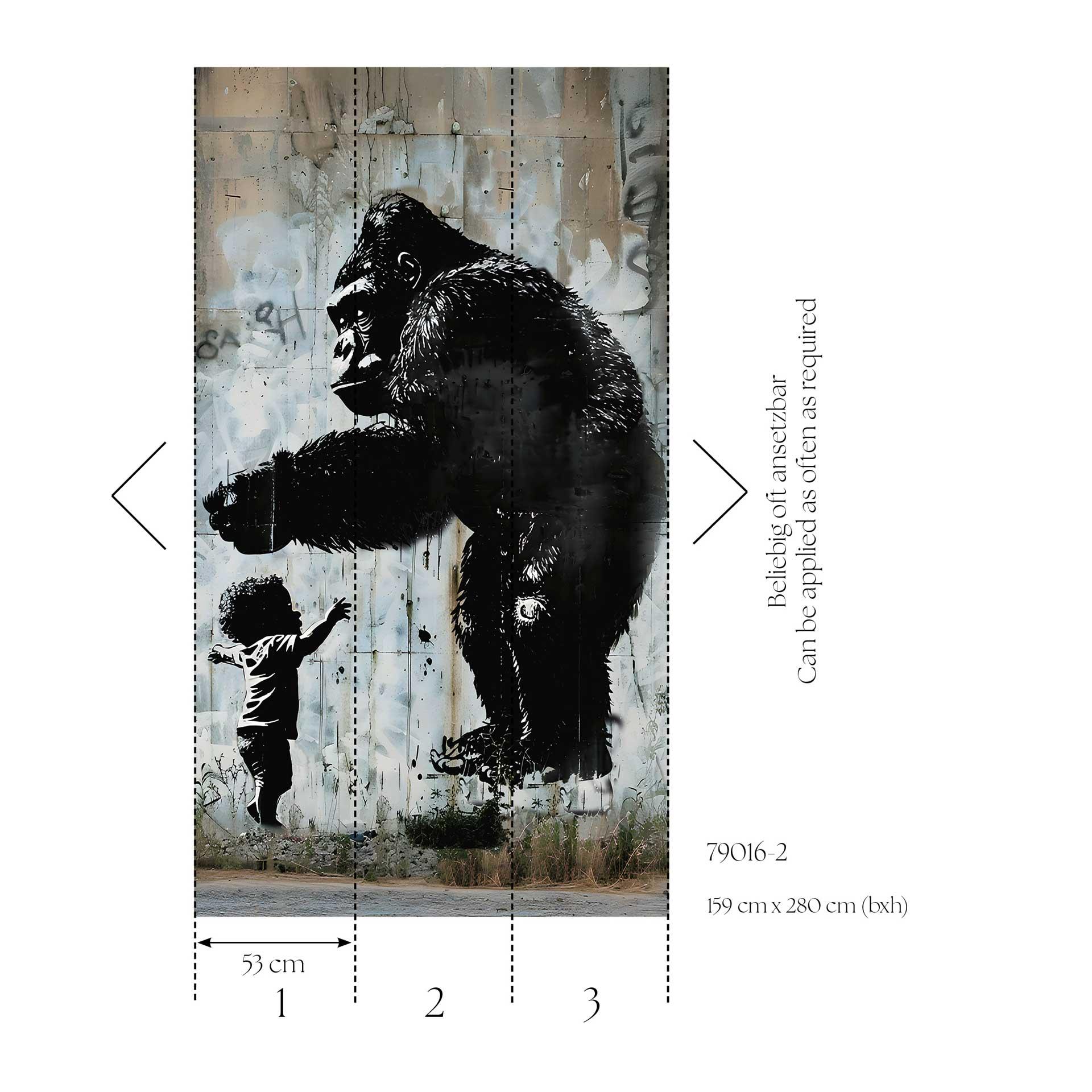 Urban art gorilla kind behang - street art in grijs zwart - Vliesbehang, uittrekbaar