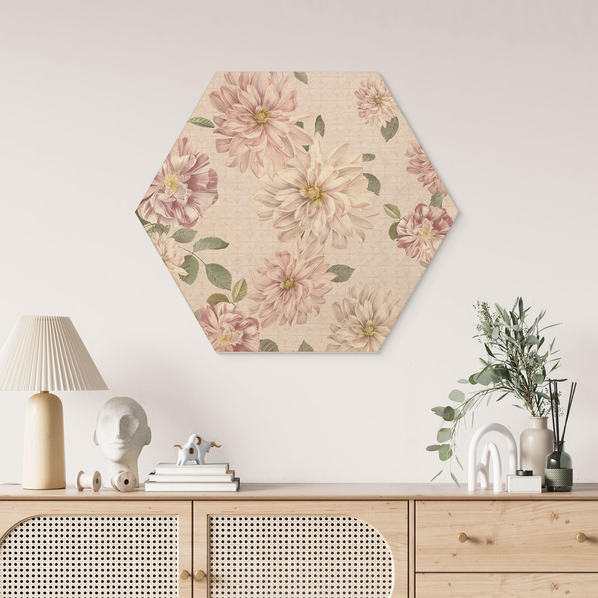 Sekskantet billede af træ Dahliaer Shabby Chic Pink - Bloomery Decor