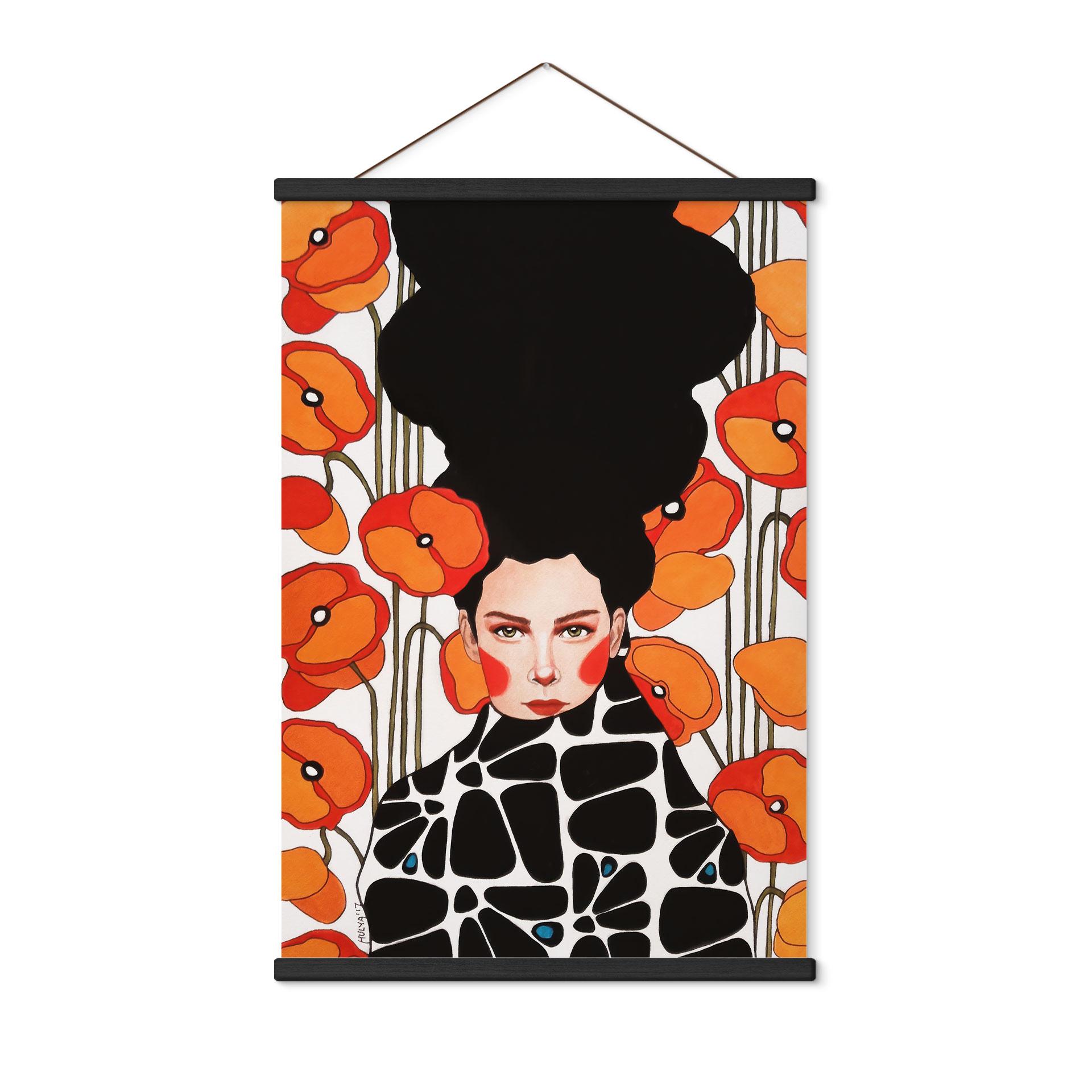 Tekstil plakat kvinde med retro valmueblomster - Hülya