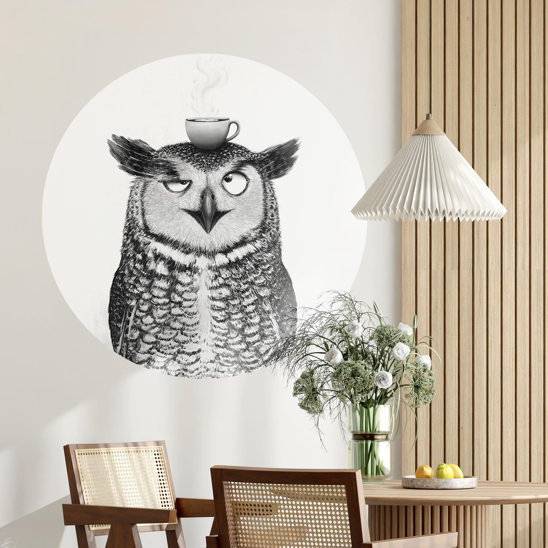 Wallsticker Rolig uggla med kaffe - Korenkova - Rund