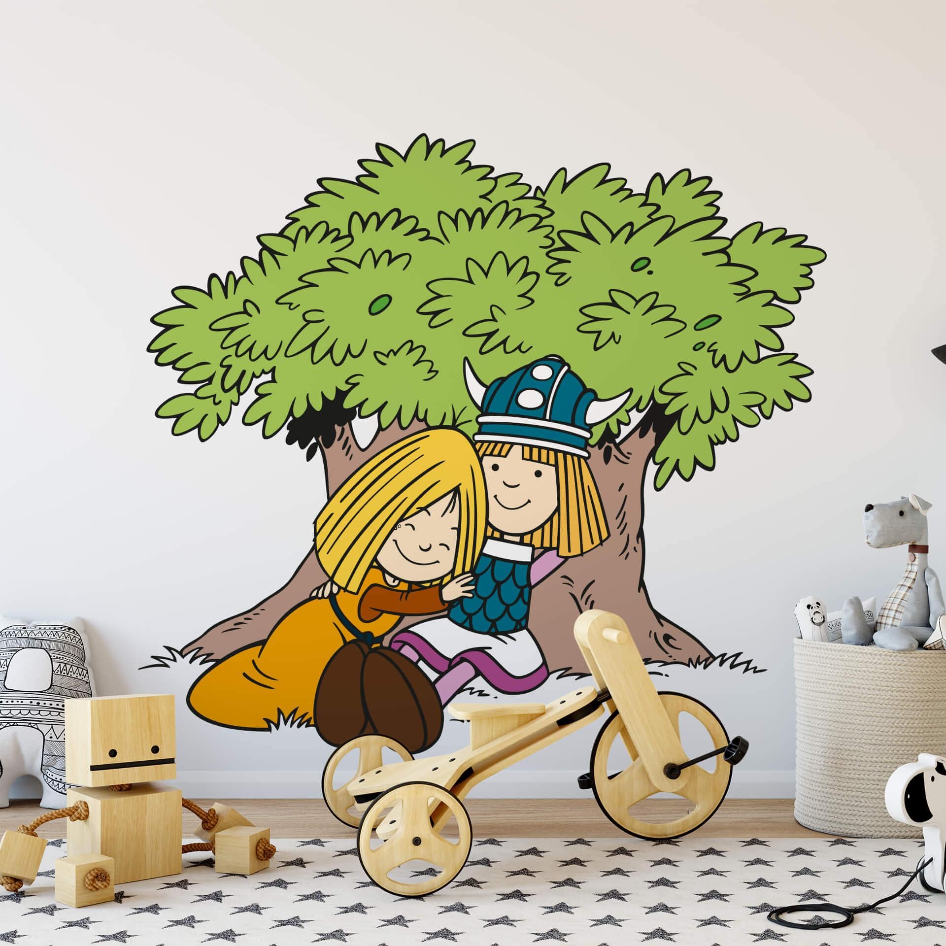 Muursticker Wickie de Viking en Ylvi bij de Boom