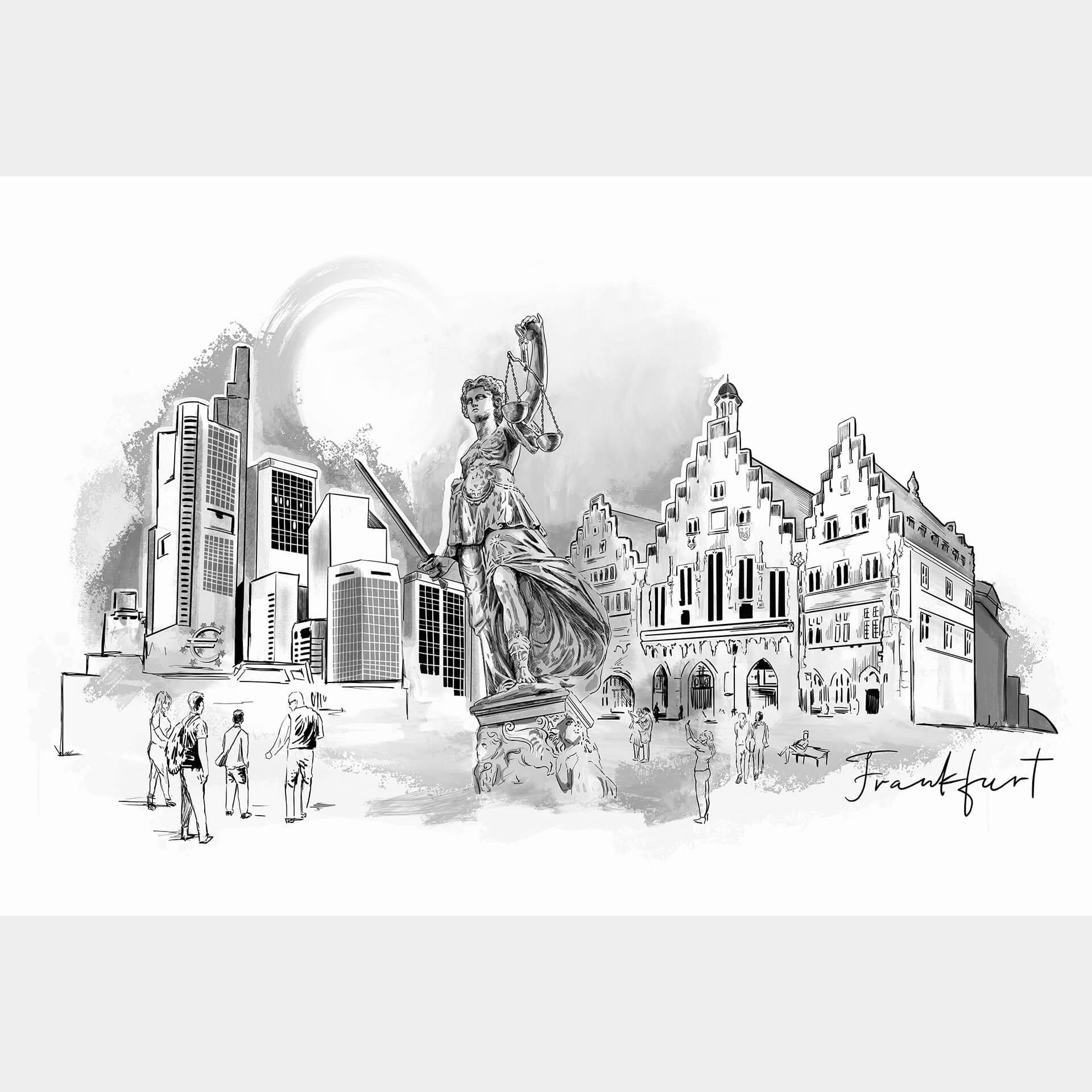 Fotobehang Love your City - Frankfurt zwart wit illustratie
