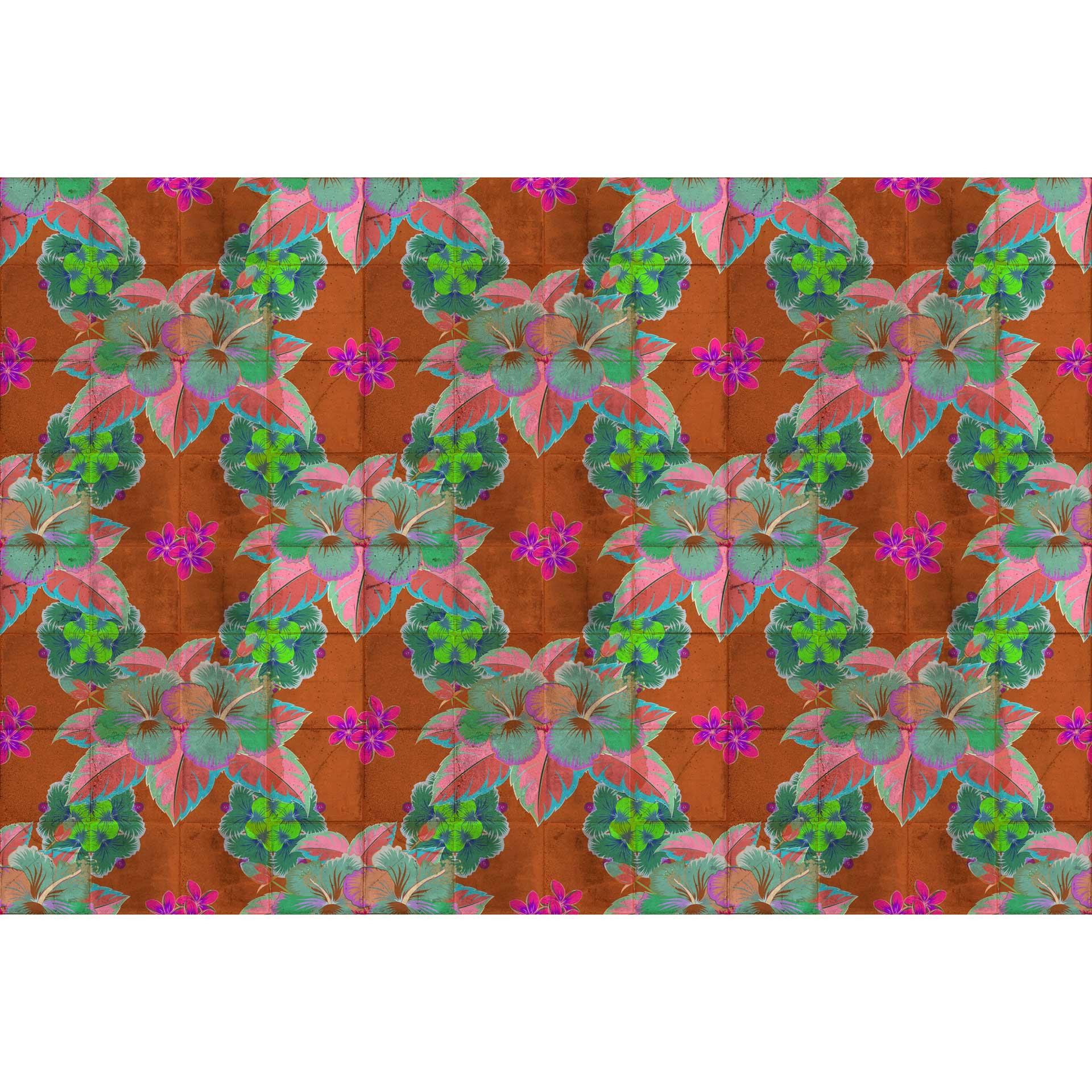 Tropisch bloemen behang - turquoise & roze op terracotta - vlies