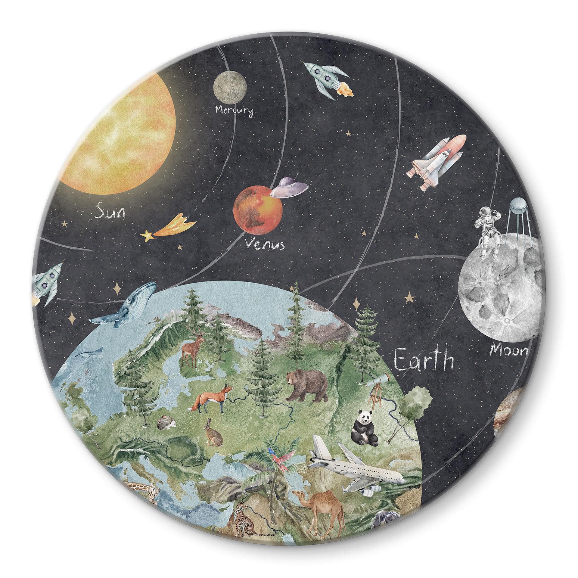 Glasschilderijen Zonnestelsel met planeten en aarde - Ms Tiff - Rond