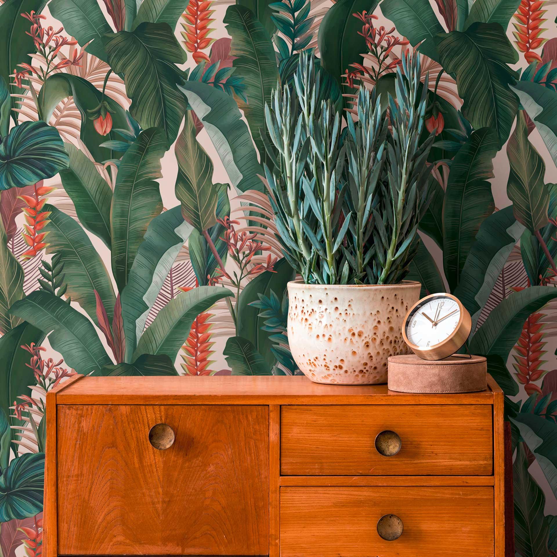 palme blade tapet beige grøn - blomstret non-woven tapet jungle motiv