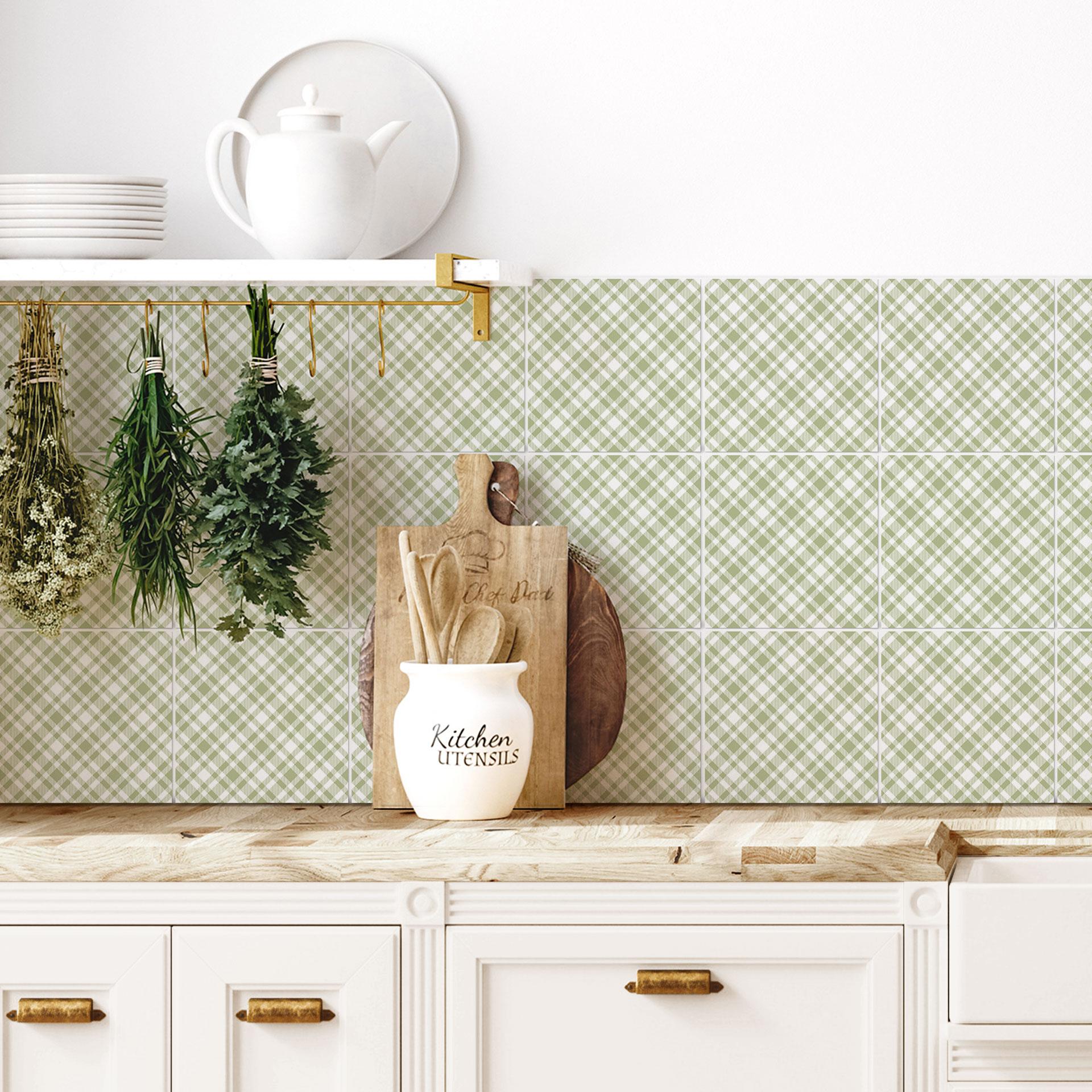 Azulejos Adhesivos a cuadros en blanco pistacho - lote de 12