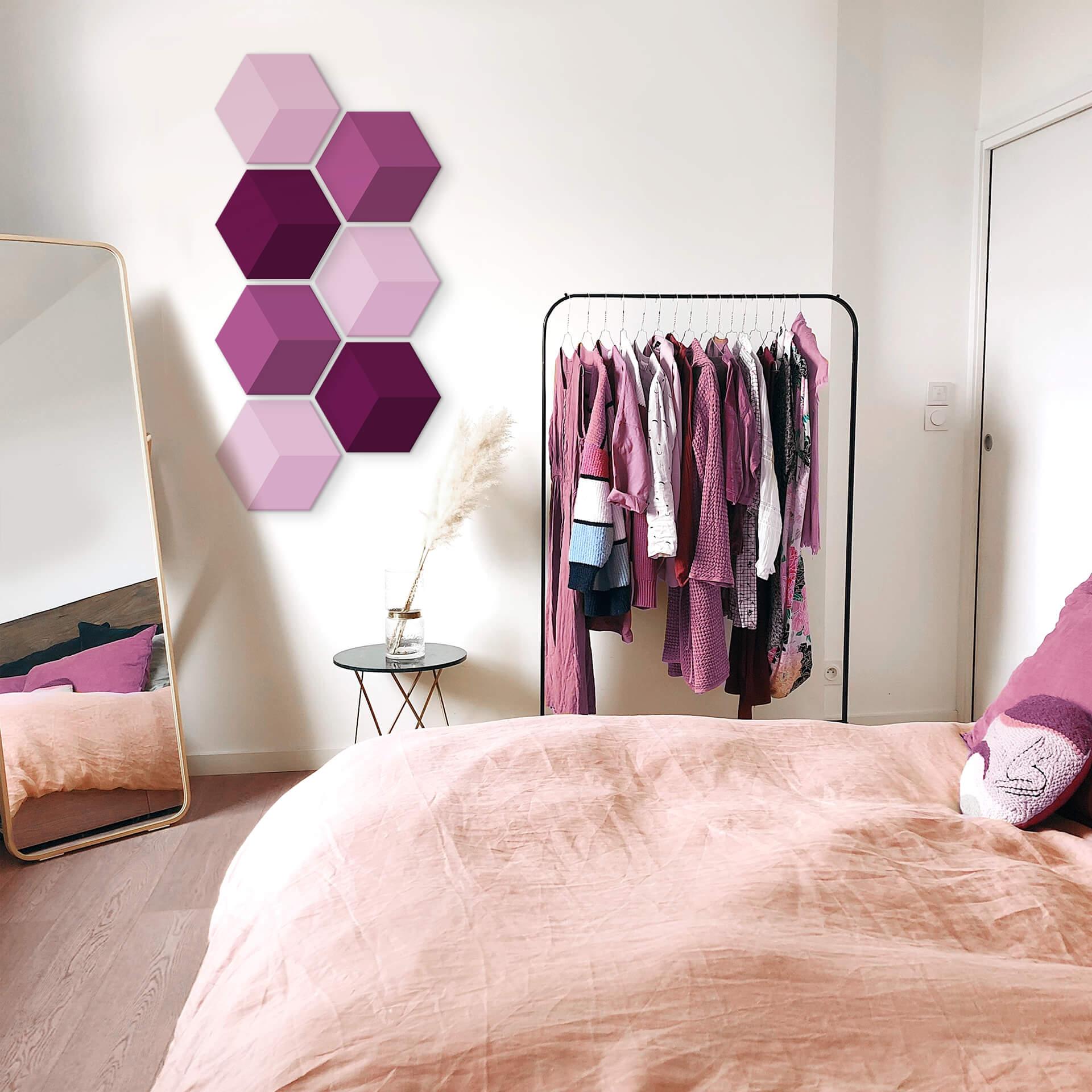 3D Hexagon Alu-Dibond sæt - Magenta (sæt med 7)