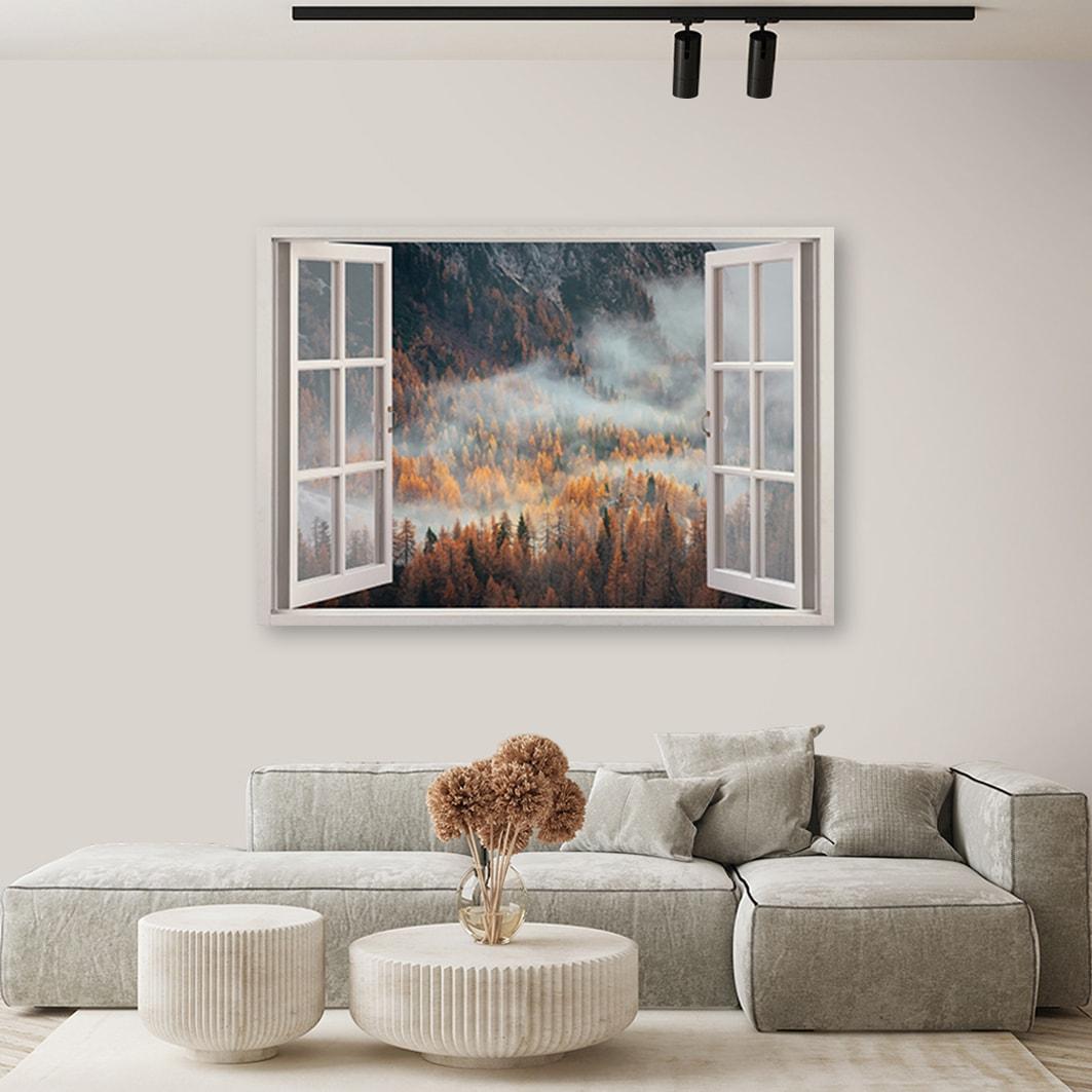 Canvasbillede, Vinduesudsigt skov i tåge Bjerge
