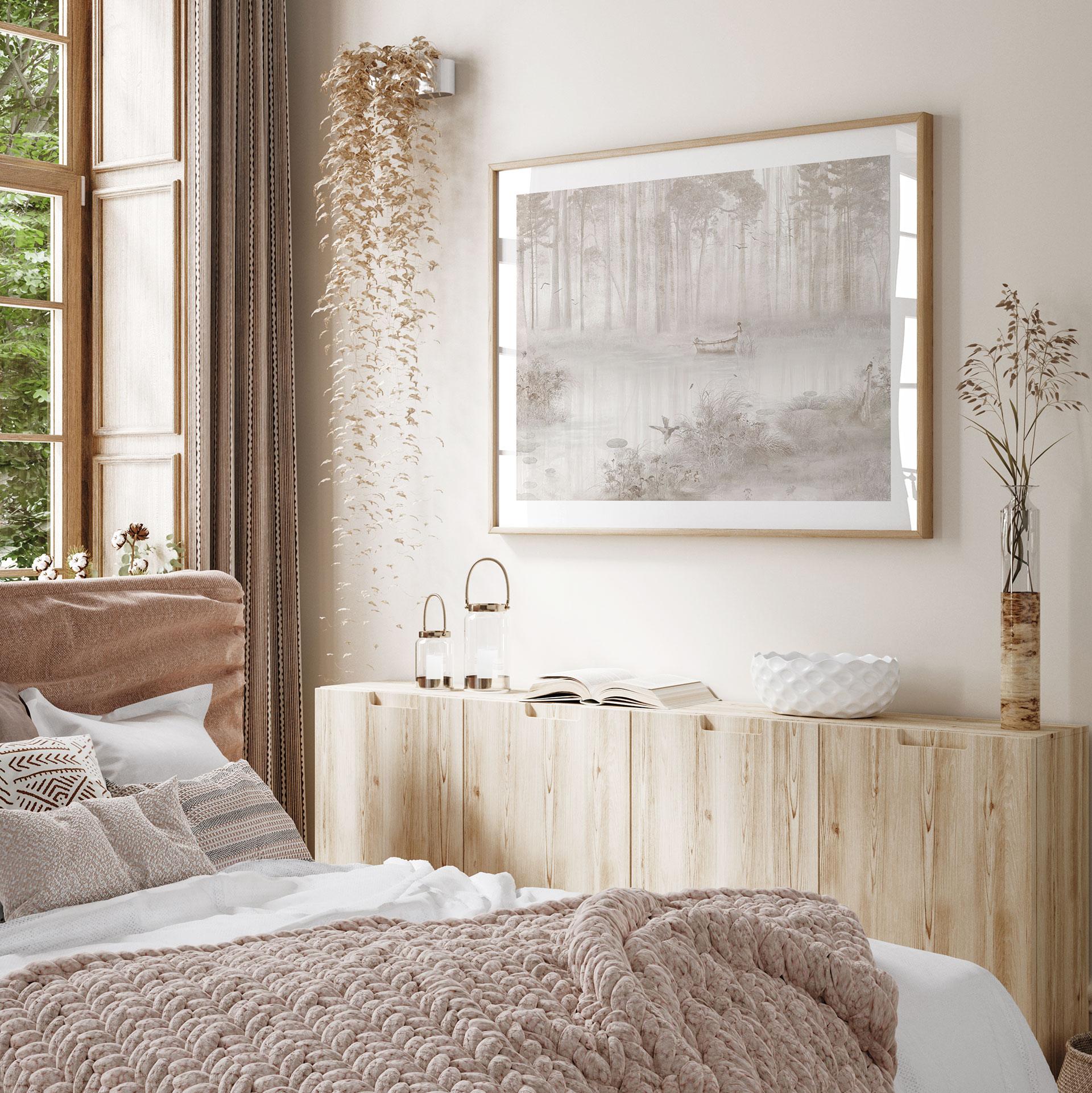 Poster Wald am See im Nebel in Beige - Ms Tiff