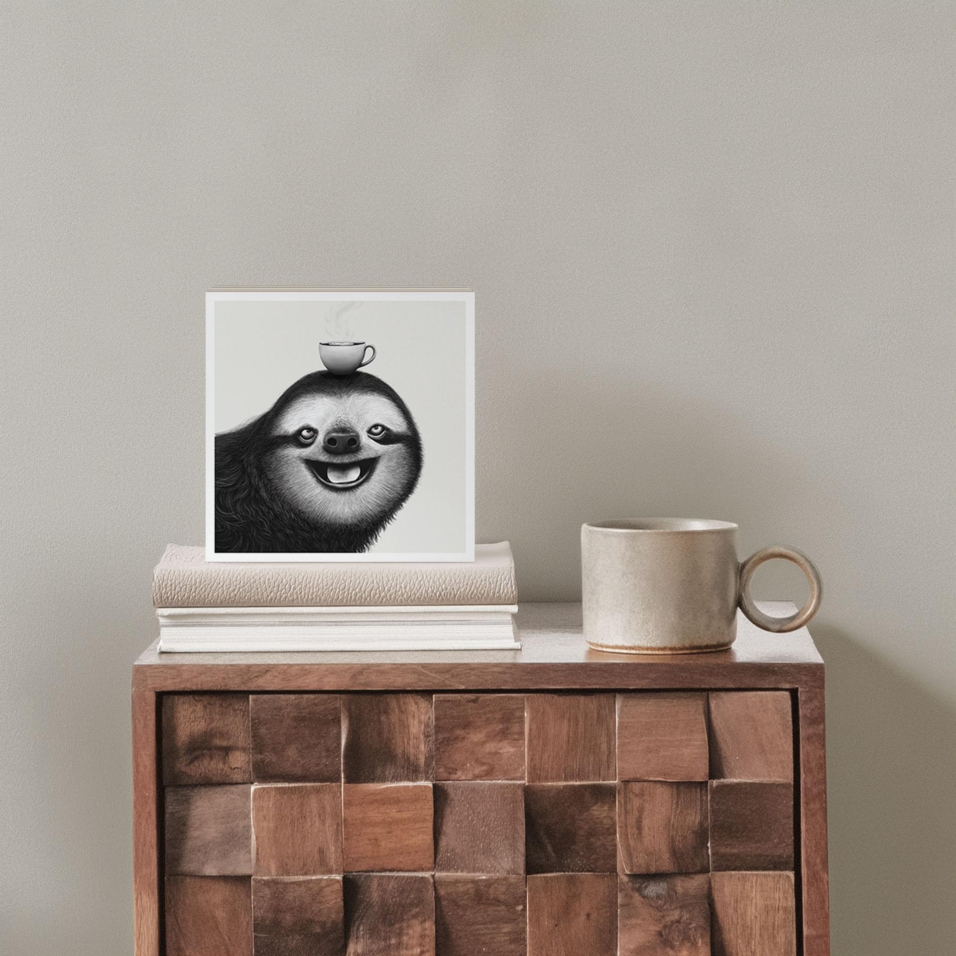 Houten Wanddecoratie om neer te zetten - Vrolijke Luiaard met Koffie - Korenkova - 15x15 cm