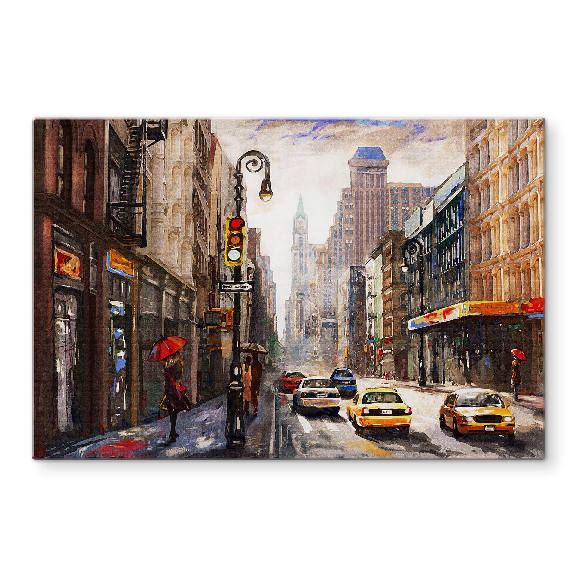Glasbild Roter Schirm in New York Aquarell