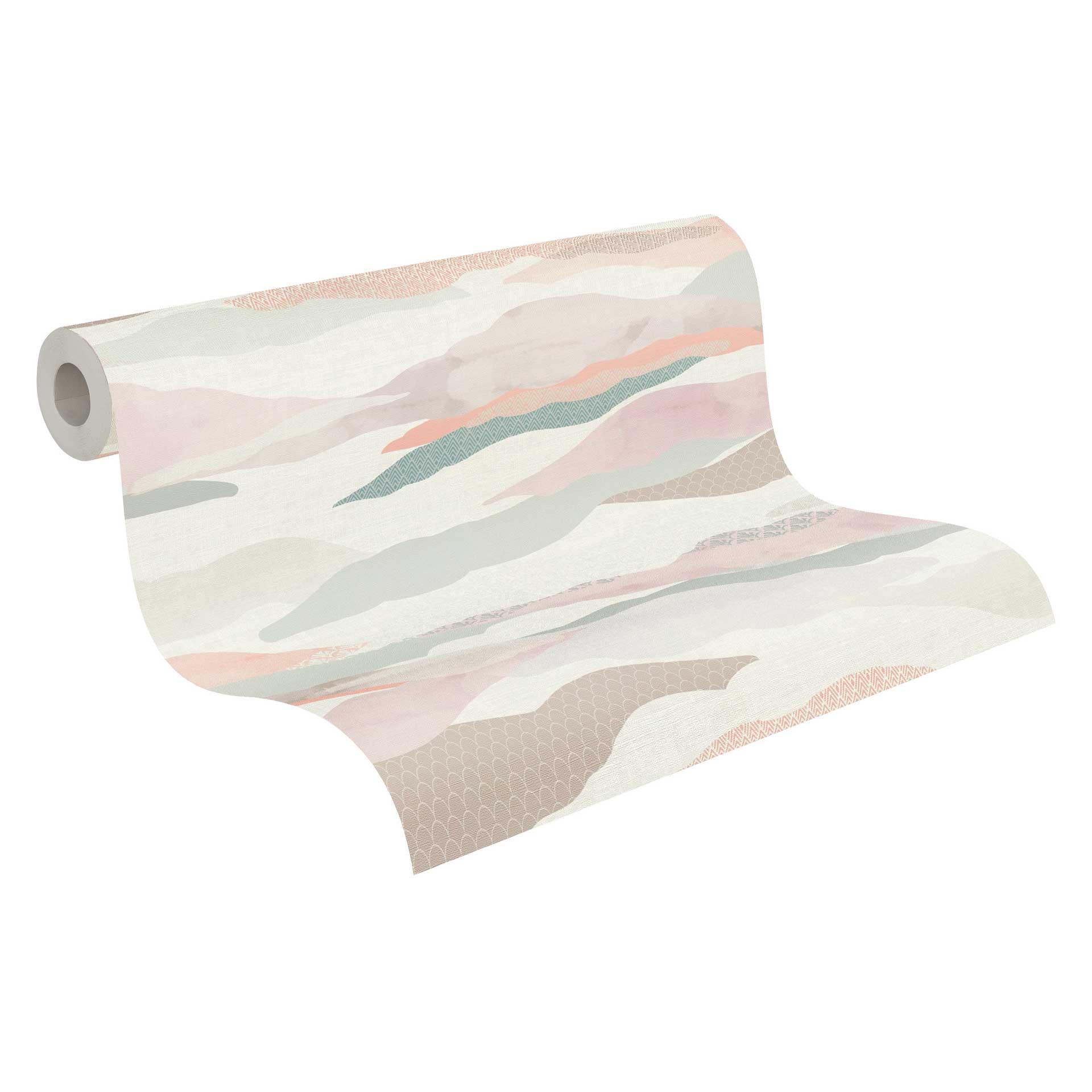 Abstract behang bergen aquarel - Vliesbehang in roze beige grijs - Patroonbehang