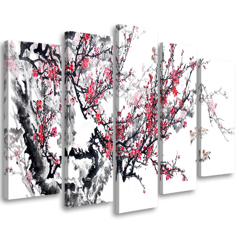 5 stykke lærredsprint, Cherry Blossom Japan Tree