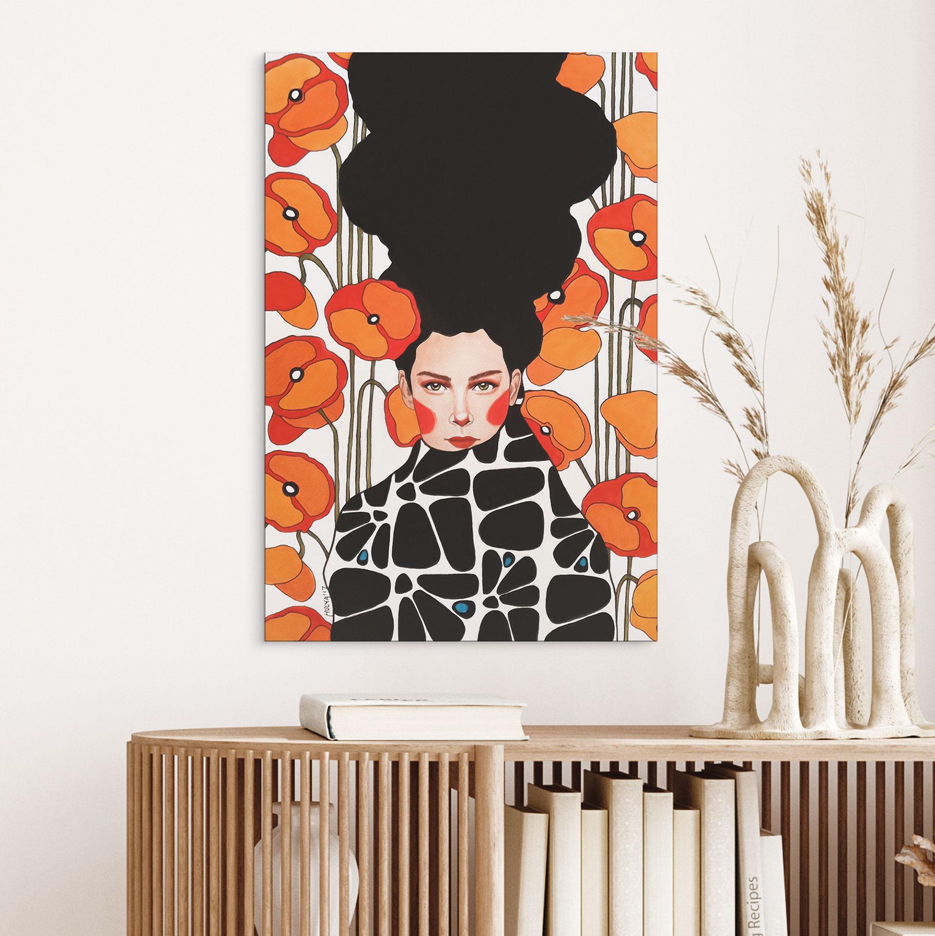 Billede af kvinde med retro valmueblomster - Hülya – print på aluminium (Alu-Dibond)