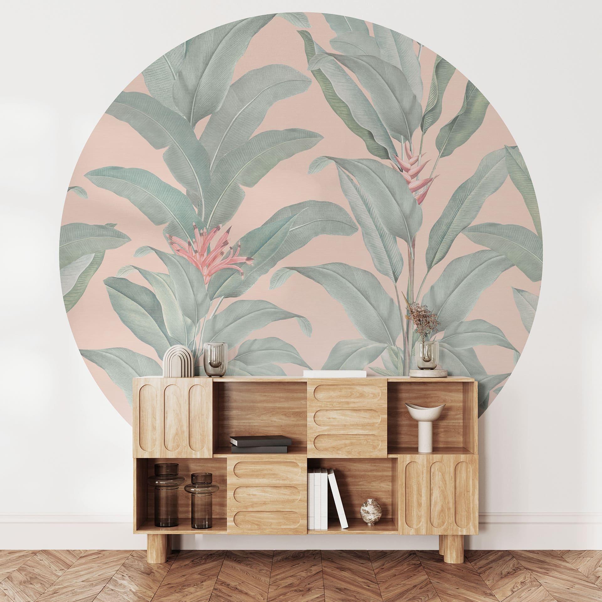 Fototapet Tropical Leaves Pink - blomsterdekoration - rund - selvklæbende/ikke-vævet