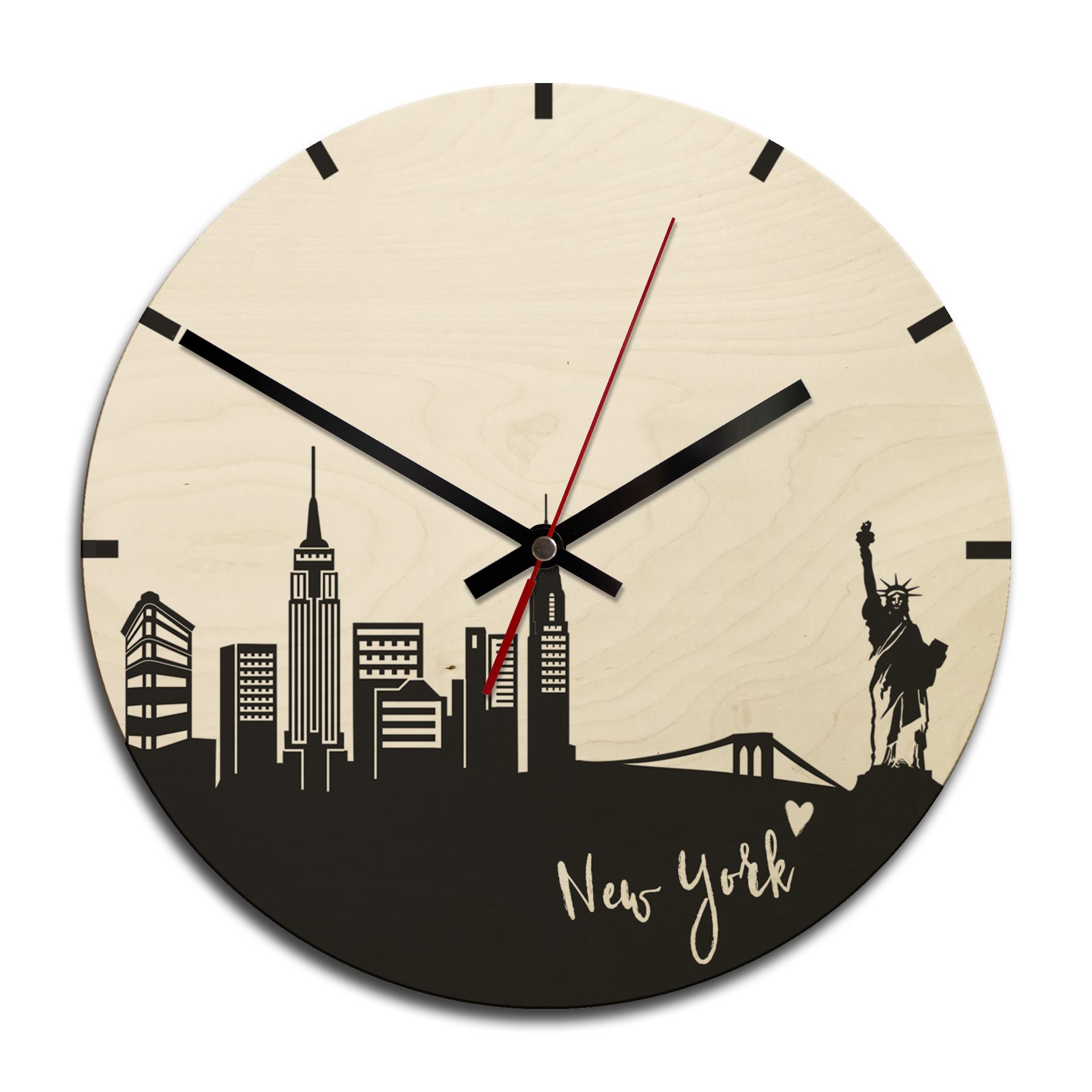 Horloge murale en bois - Skyline New York rond