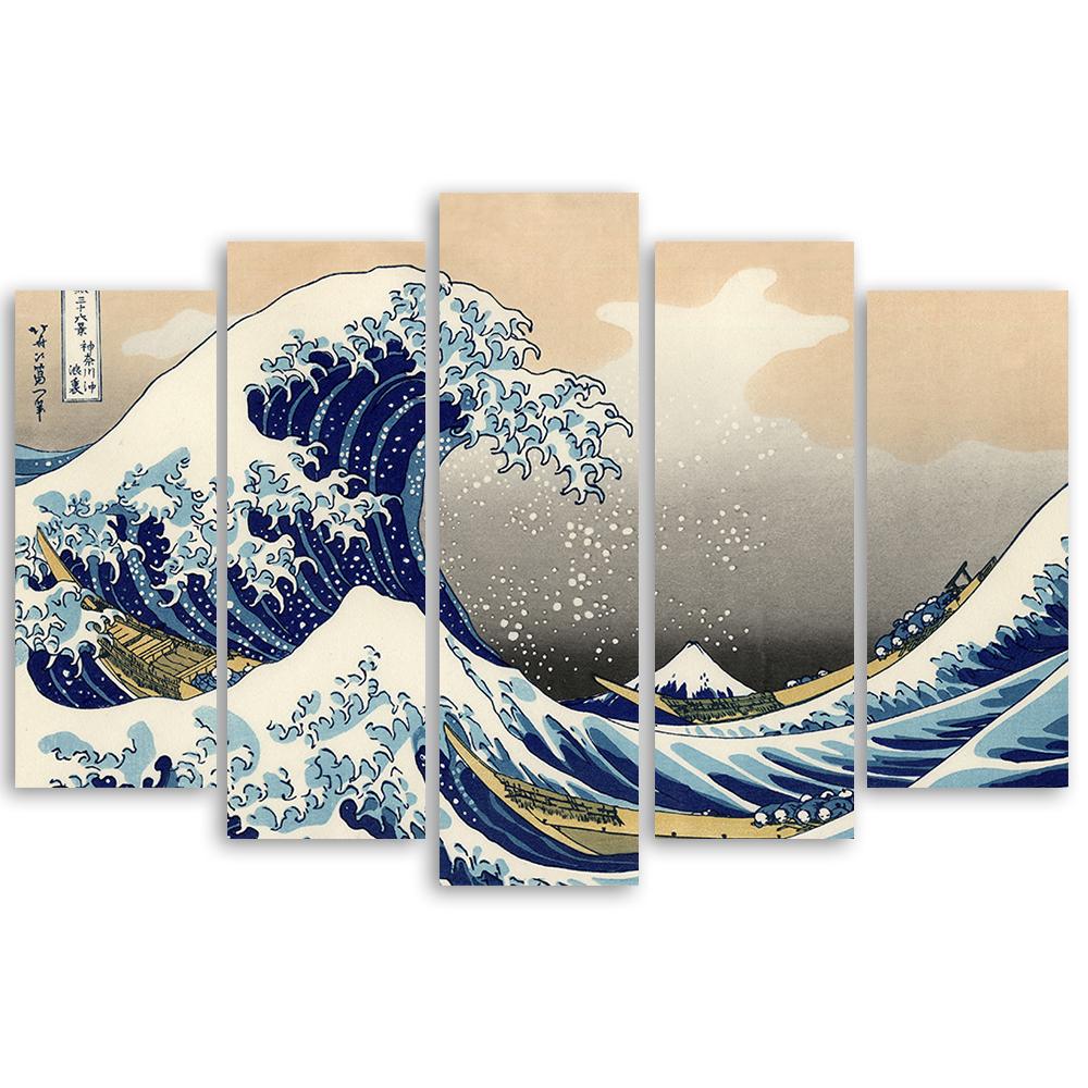 5 stykke lærredstryk, Hokusai Great Wave off Kanagawa