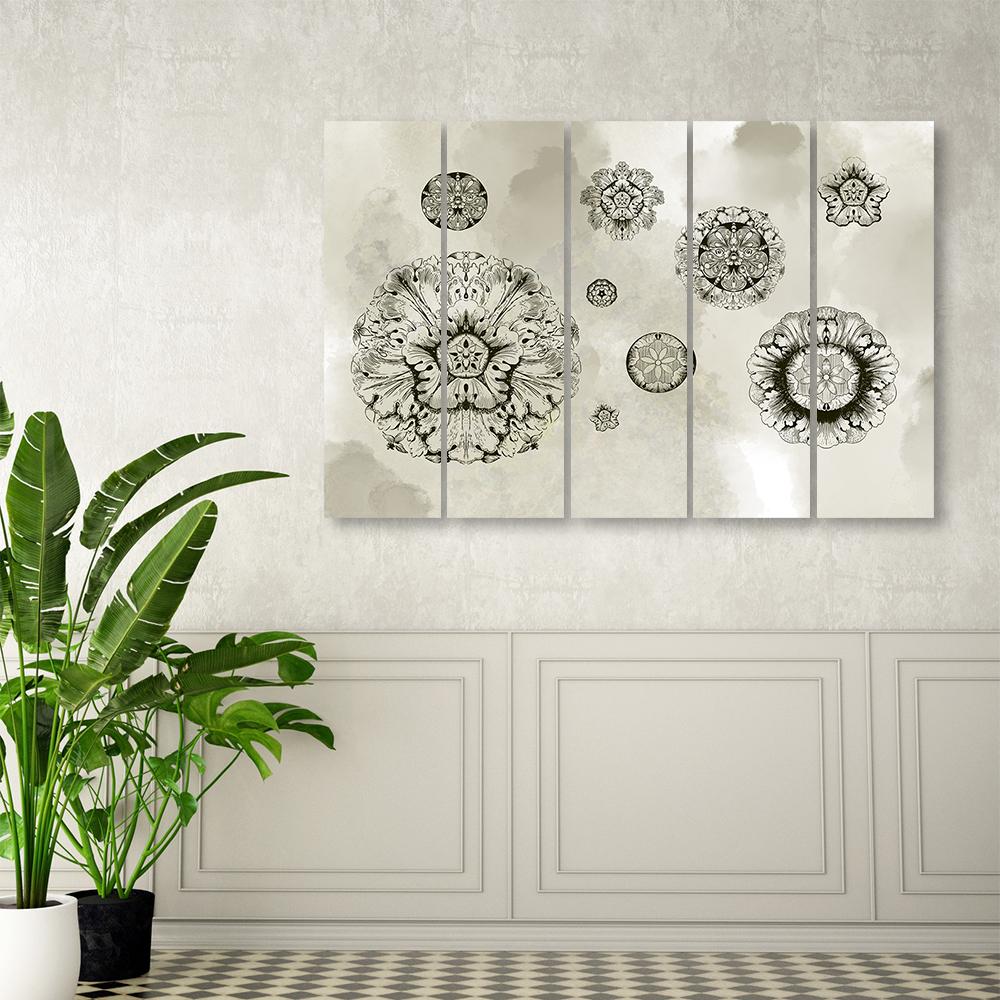5 stykke lærredsprint, blomstergeometriske former