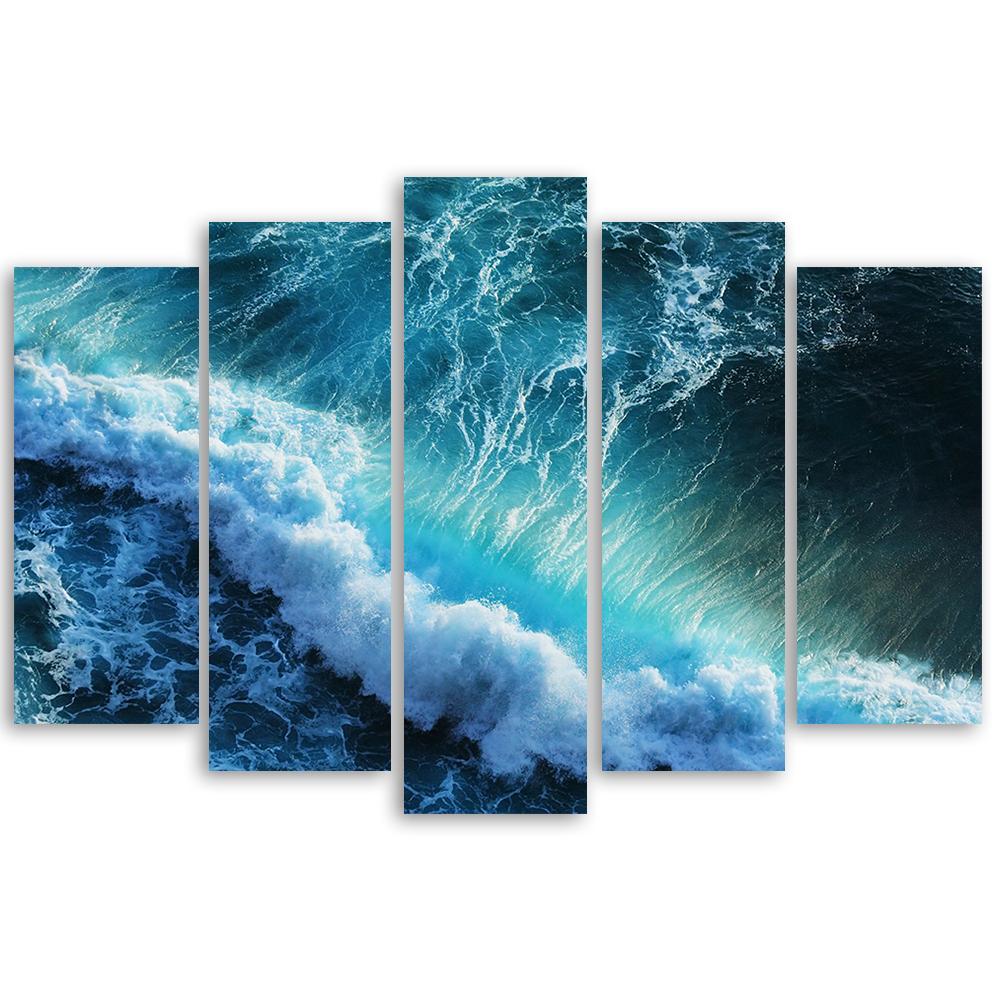 5 stykke lærredstryk Waves Sea Ocean Blue