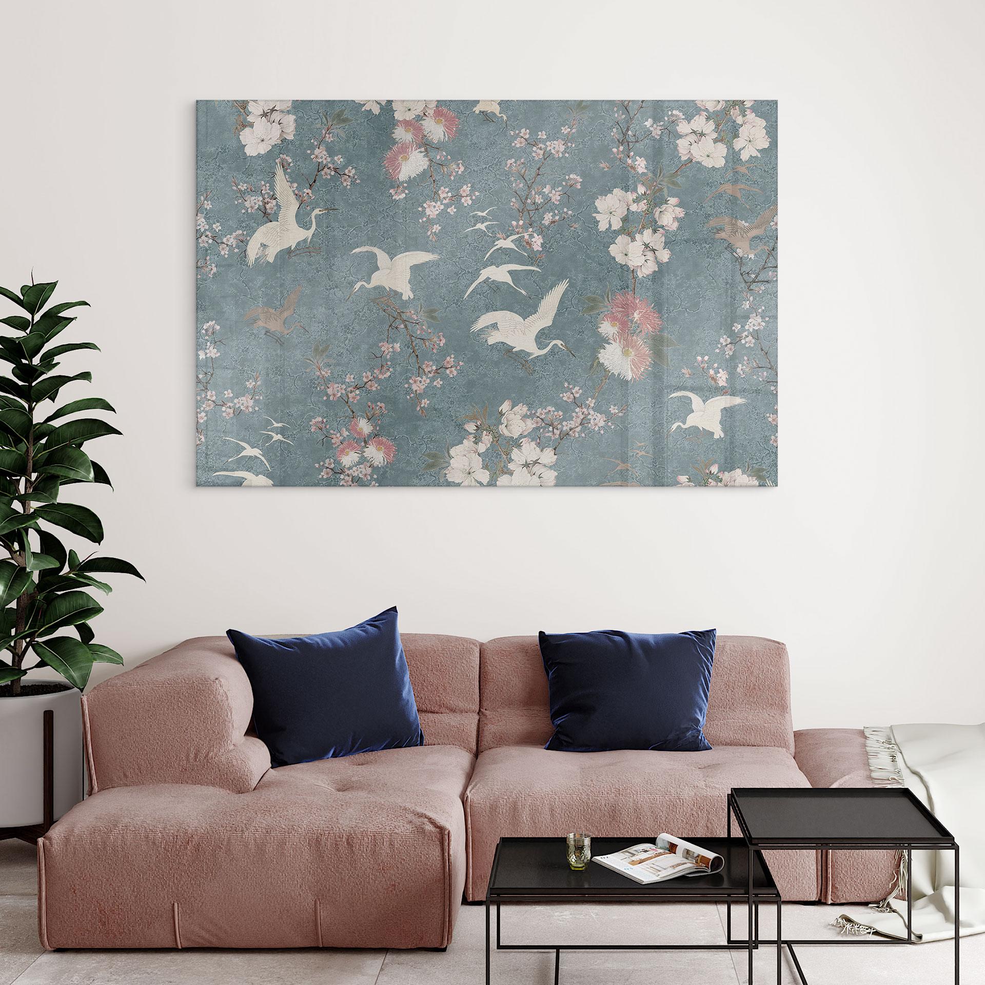 Akrylbillede Kraner i kirsebærblomst Rush Blue - Bloomery Decor