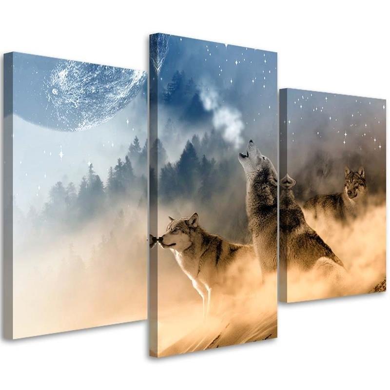 3 stykke lærredstryk, Wolf Dyr Forest Fog