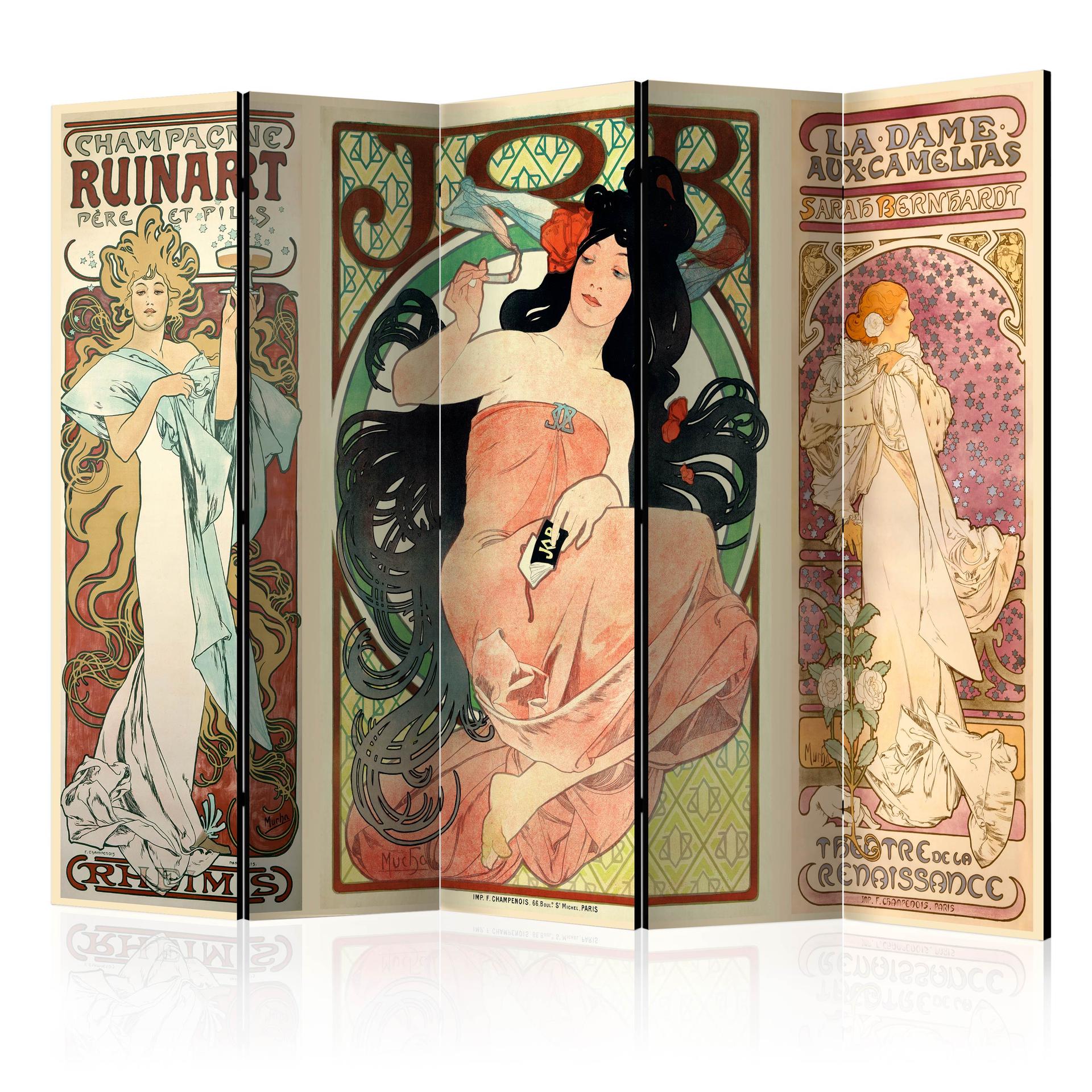Skærm som rumdeler - Alphonse Mucha. Kvinder , 5-delt - 225x172 cm