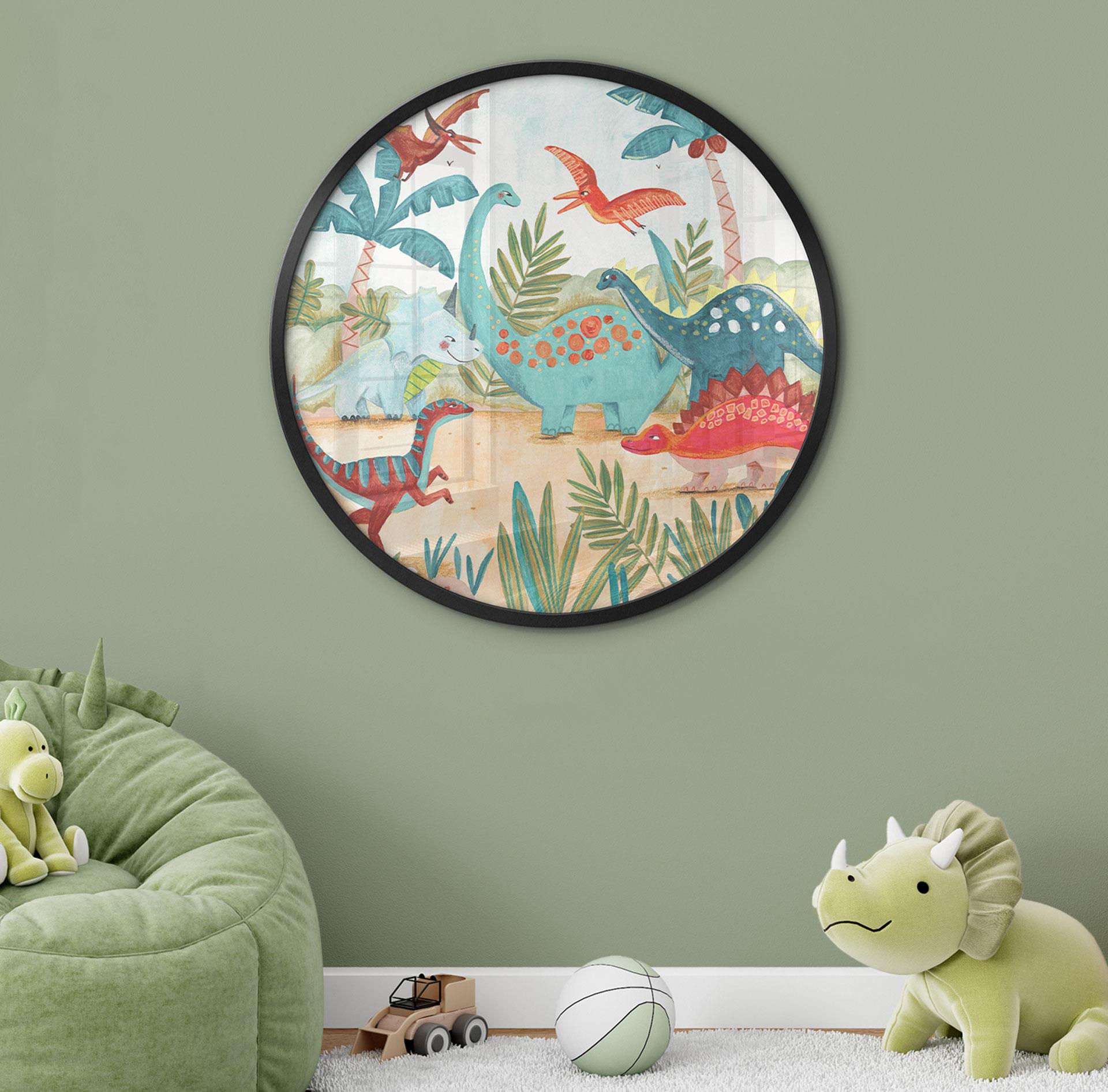 Børneplakat Farverige dinosaurer i urskoven - Bonne Müller - Rund