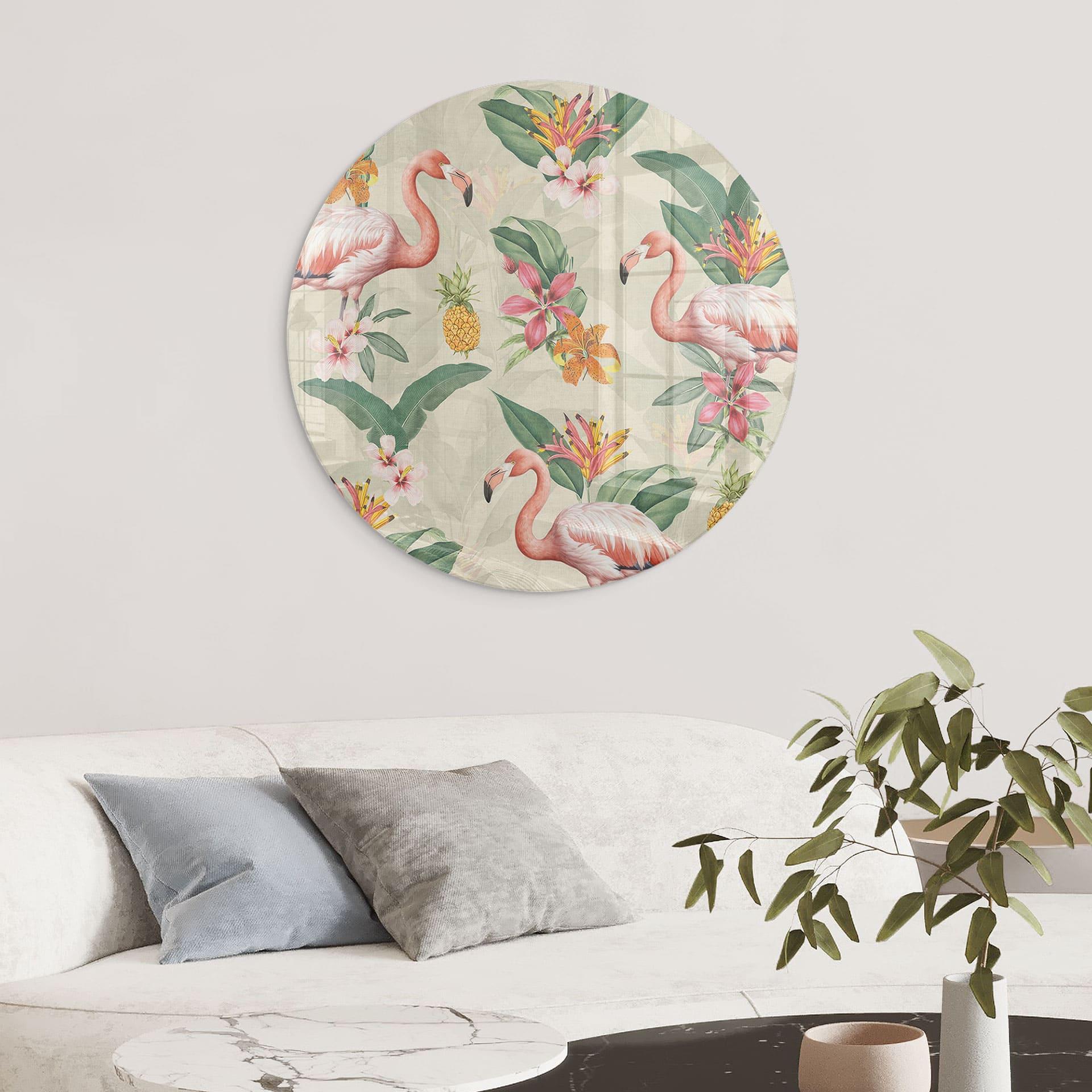 Glasbillede - Flamingo og tropiske blade | Eksotisk til stuen - Bloomery Decor - Rund