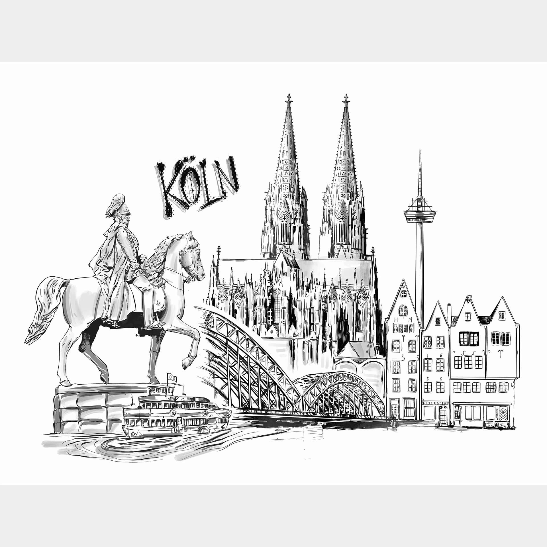 Fotobehang Love your City - Keulen zwart wit illustratie