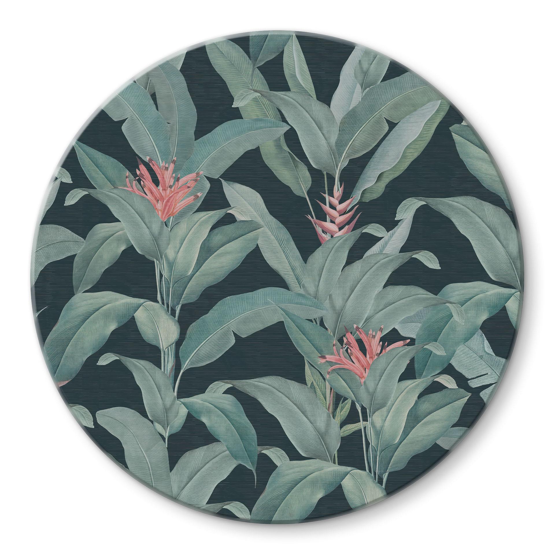 Glasbillede - Urban Jungle Tropical Leaves Green - Bloomery Decor - Round