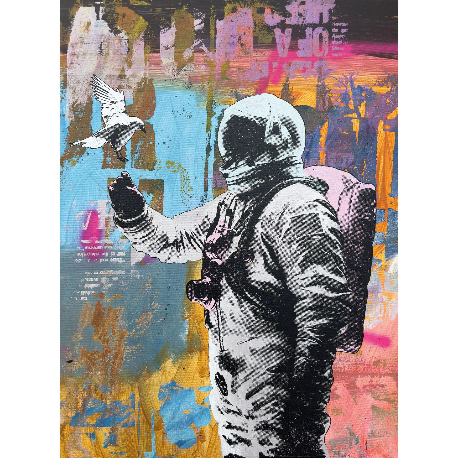 Astronaut met duif muurschildering - Kuryliuk