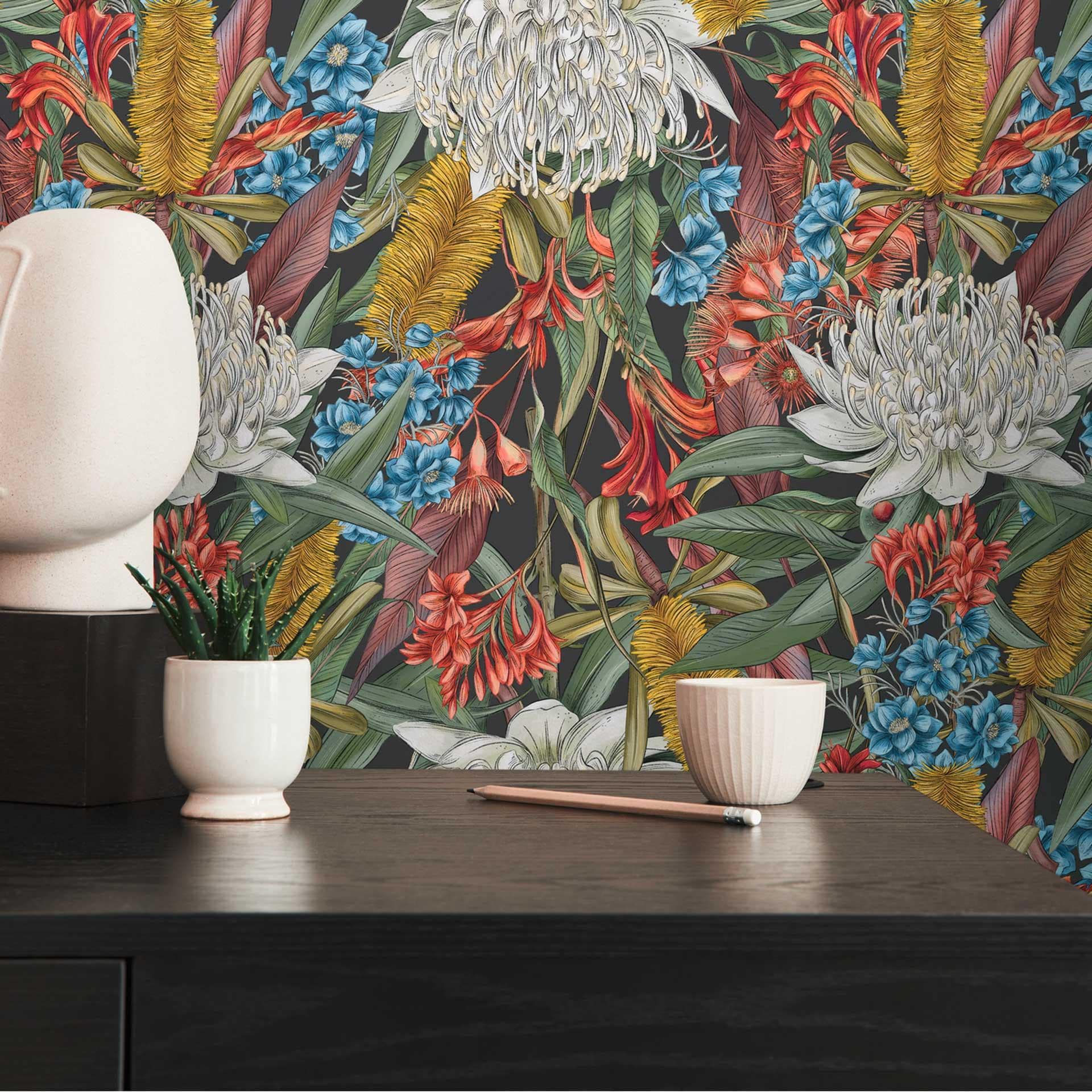 non-woven tapet med junglemønster sort grøn - tapet store blomster farverige