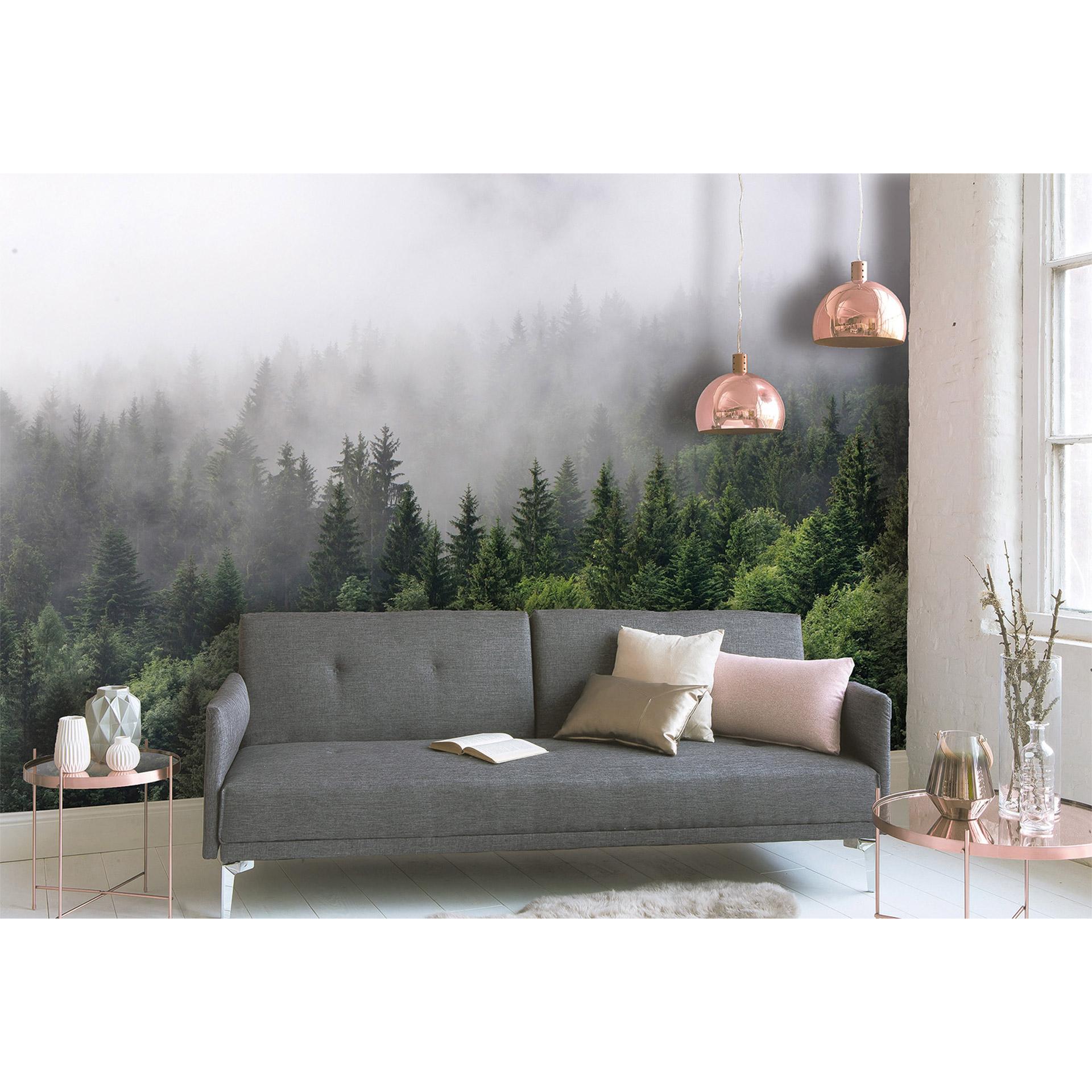 non-woven tapet FoggyFirTrees landskabstræ fototapet Designwalls i grøn og hvid