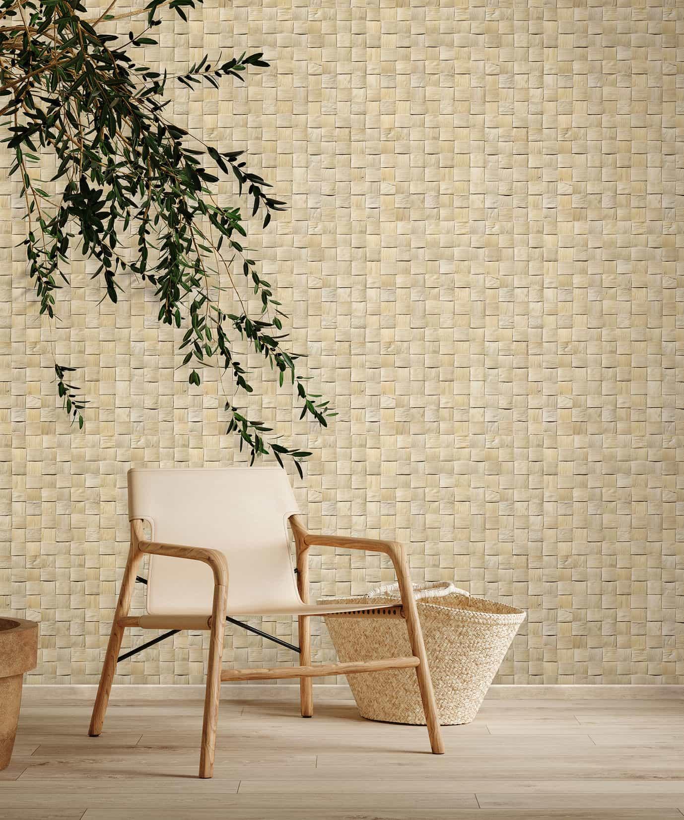 vliesbehang in 3D geweven houtlook beige 3D look