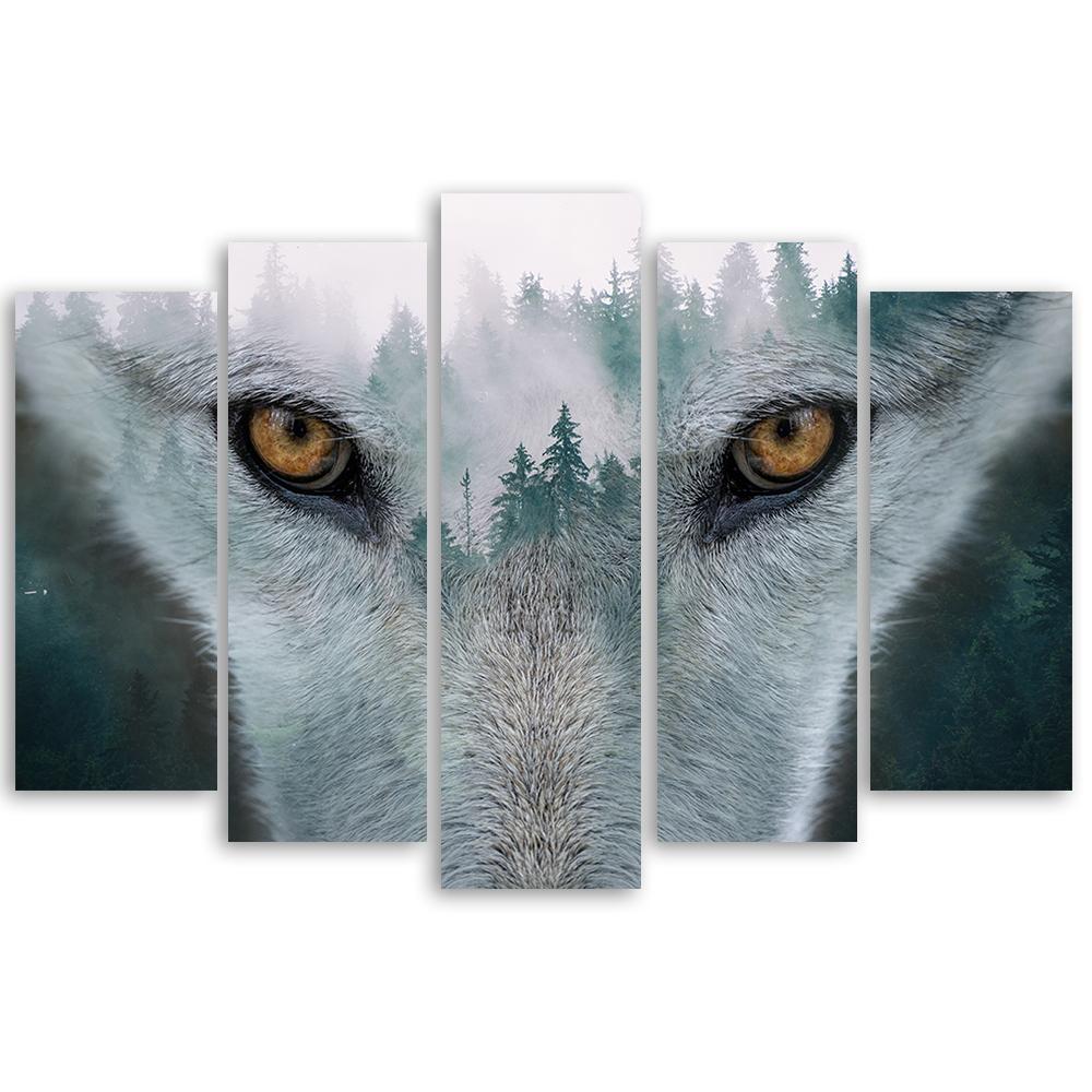 5 stykke lærredstryk, Wolf Forest Fog Nature Træer