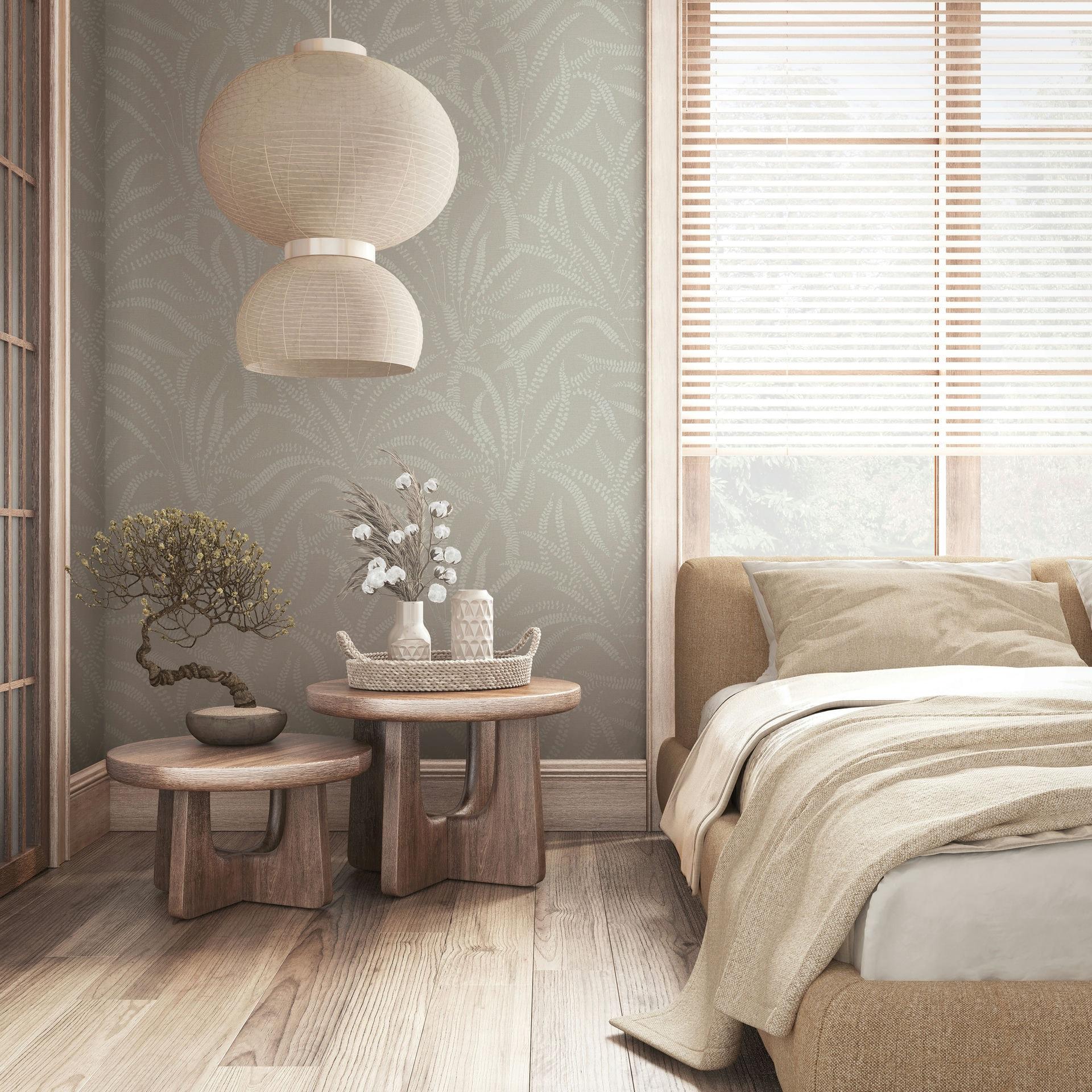 Vliesbehang bladeren, ranken bloemen natuur in grijs beige