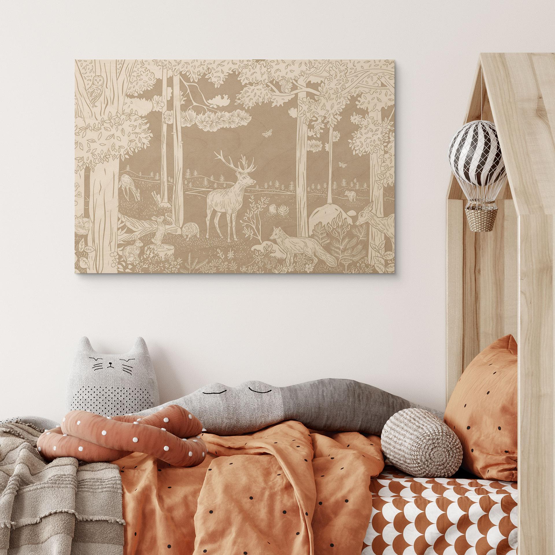 Holzbild Herbstlicher Wald mit Hirschen und Füchsen - Braun - Kikki Belle