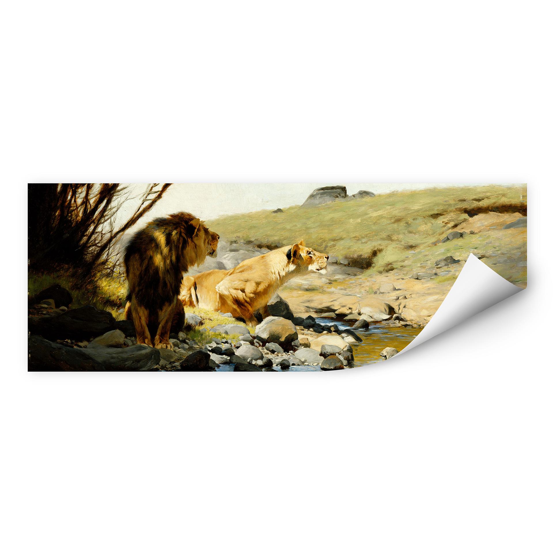 Wallprint W - Kuhnert - Ein Löwe und eine Löwinan einem Bach