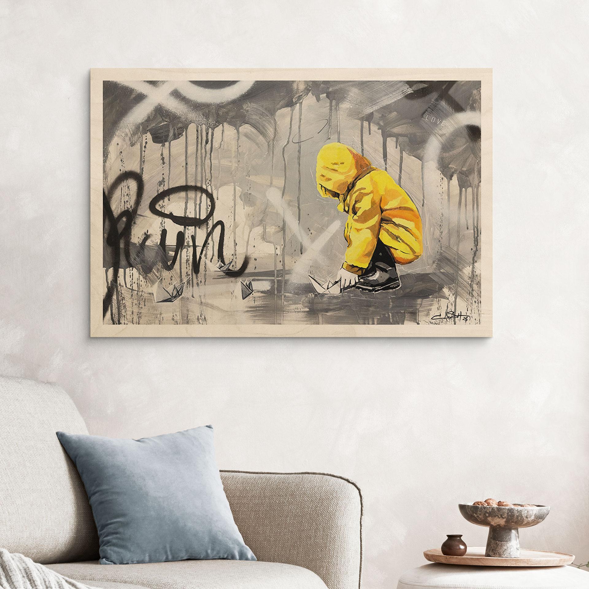 Holzbild Kind mit Papierschiff Streetart - Habib