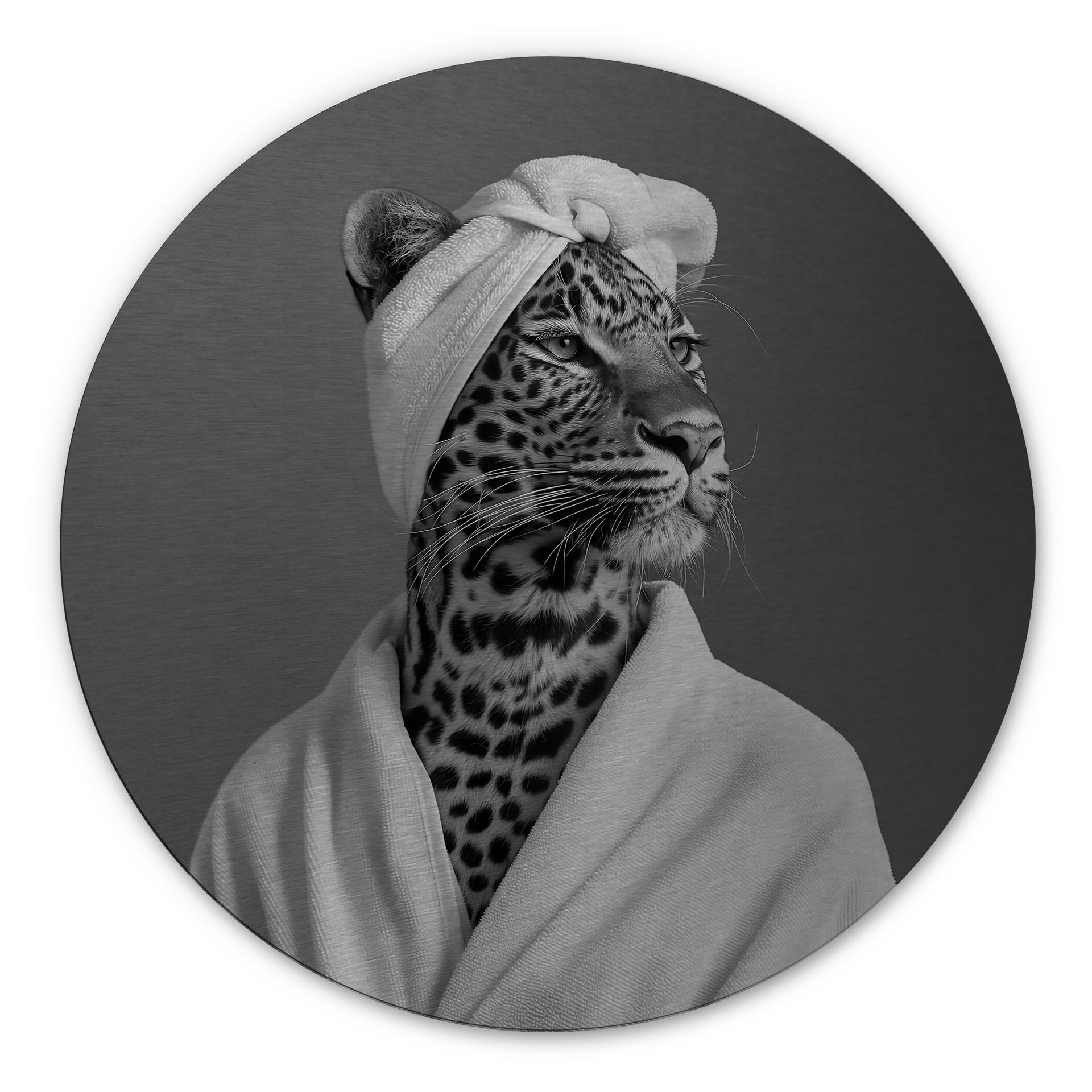 Billede med sølveffekt Royale Spa time-out med leopard - Rahner - rund – print på aluminium