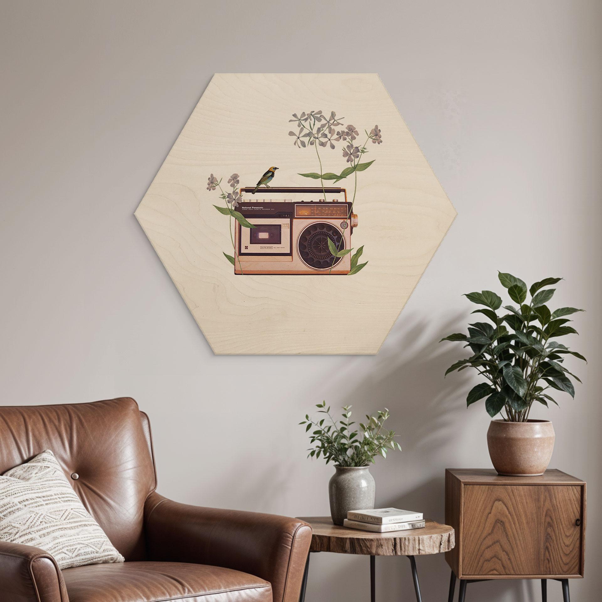 Hexagon-Holzbild Retro Radio floral - Frida Floral Studio