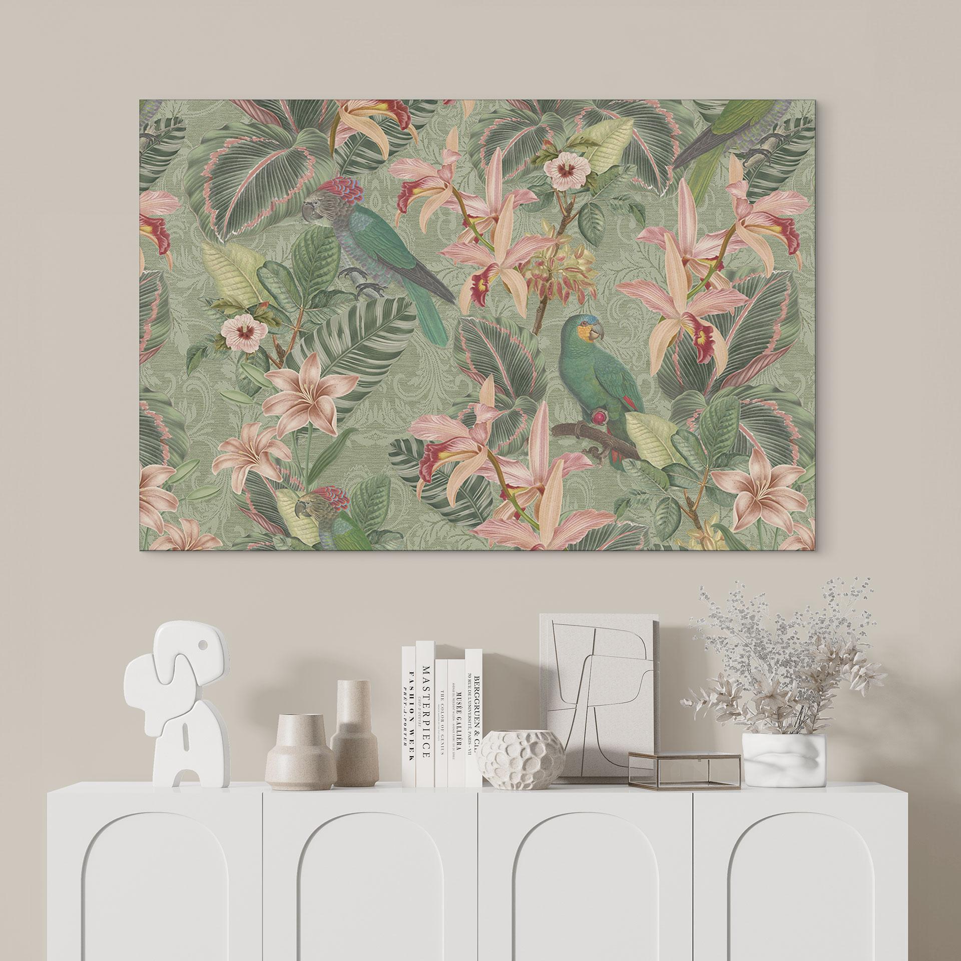 Billede jungle med papegøjer grøn - Bloomery Decor – print på aluminium (Alu-Dibond)
