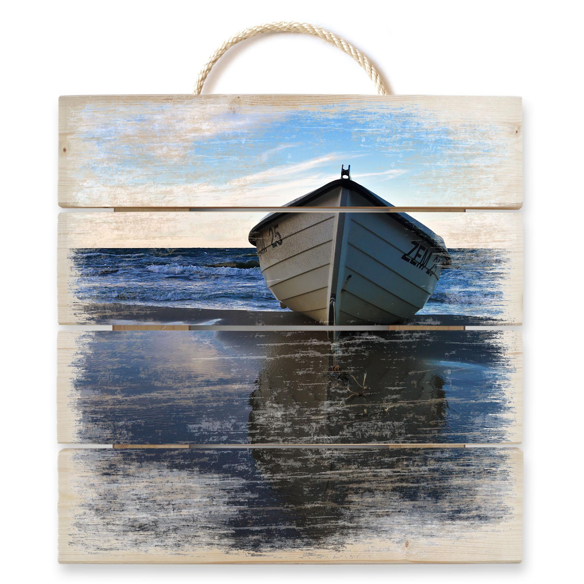 Obraz drewniany Samotna łódź na brzegu - 40x41,5 cm