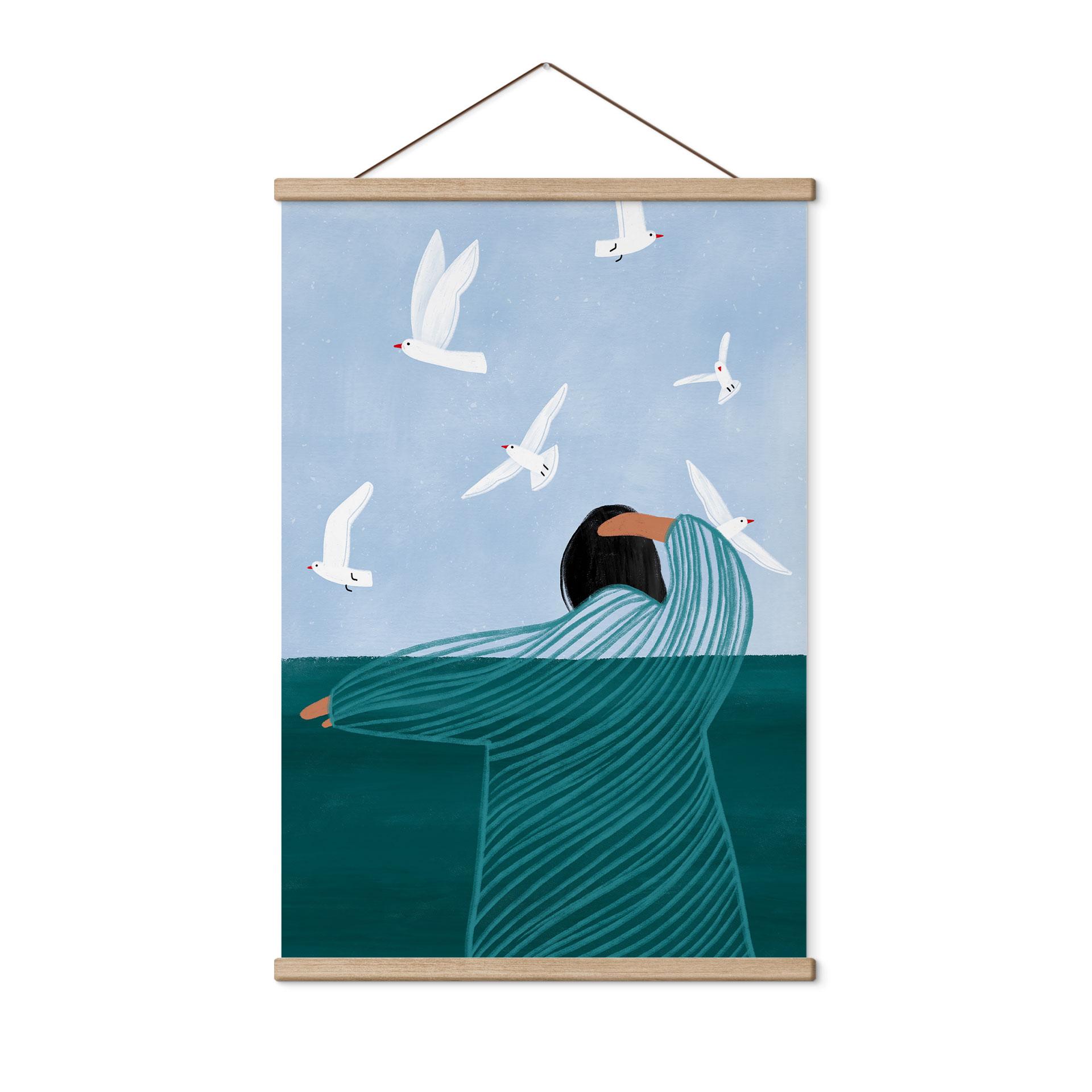 Tekstil plakat kvinde med måger ved havet - Müller