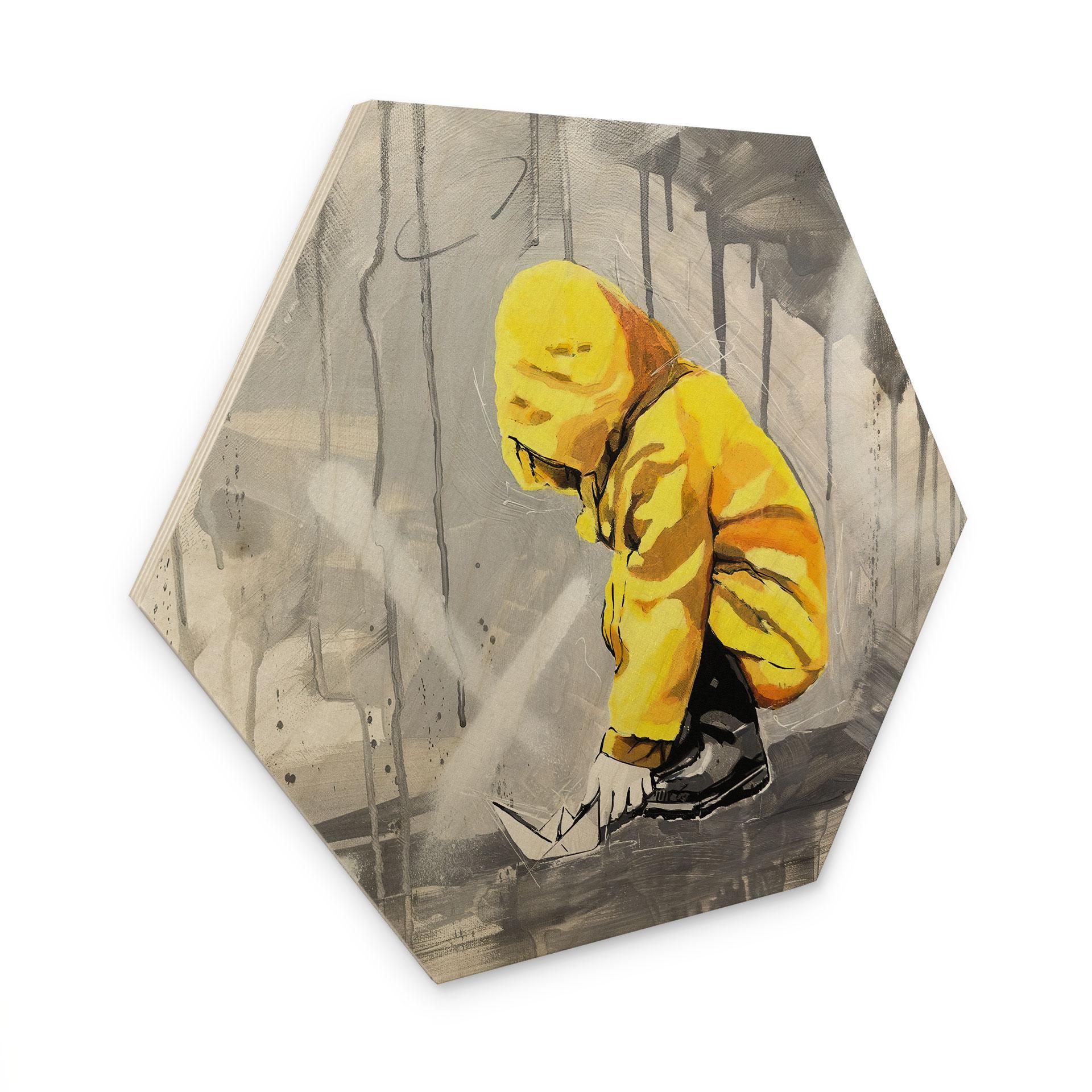 Hexagon Holzbild Kind mit Papierschiff Streetart - Habib