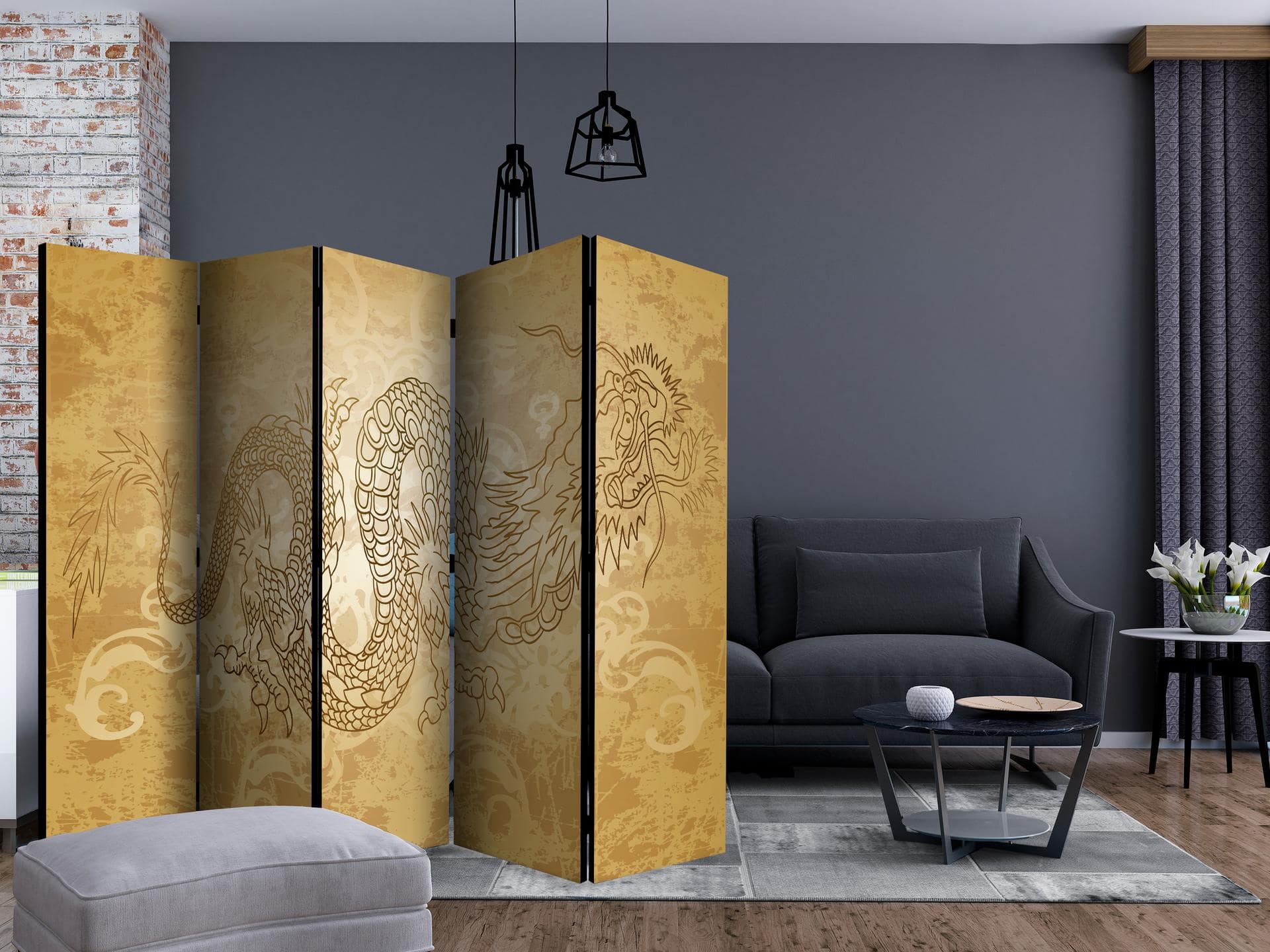 Schermo divisorio - Drago misterioso, 5 pezzi - 225x172 cm