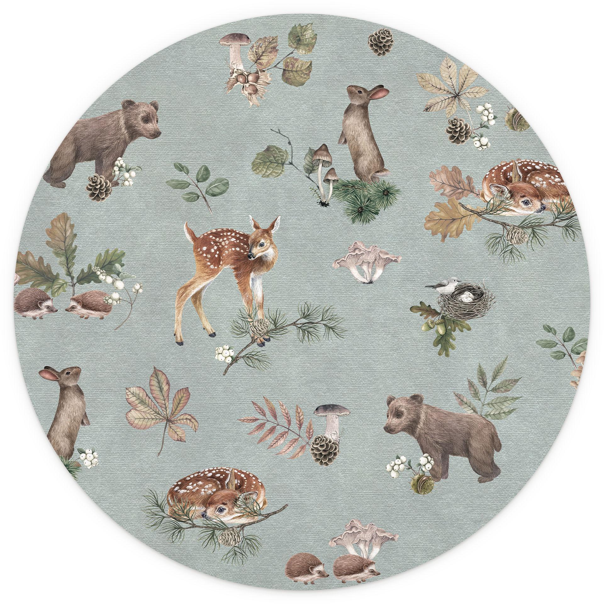 Fawn en bosvriendjes muurschildering - dieren voor kinderen - blauw - Kikki Belle - Rond - vliesbeha