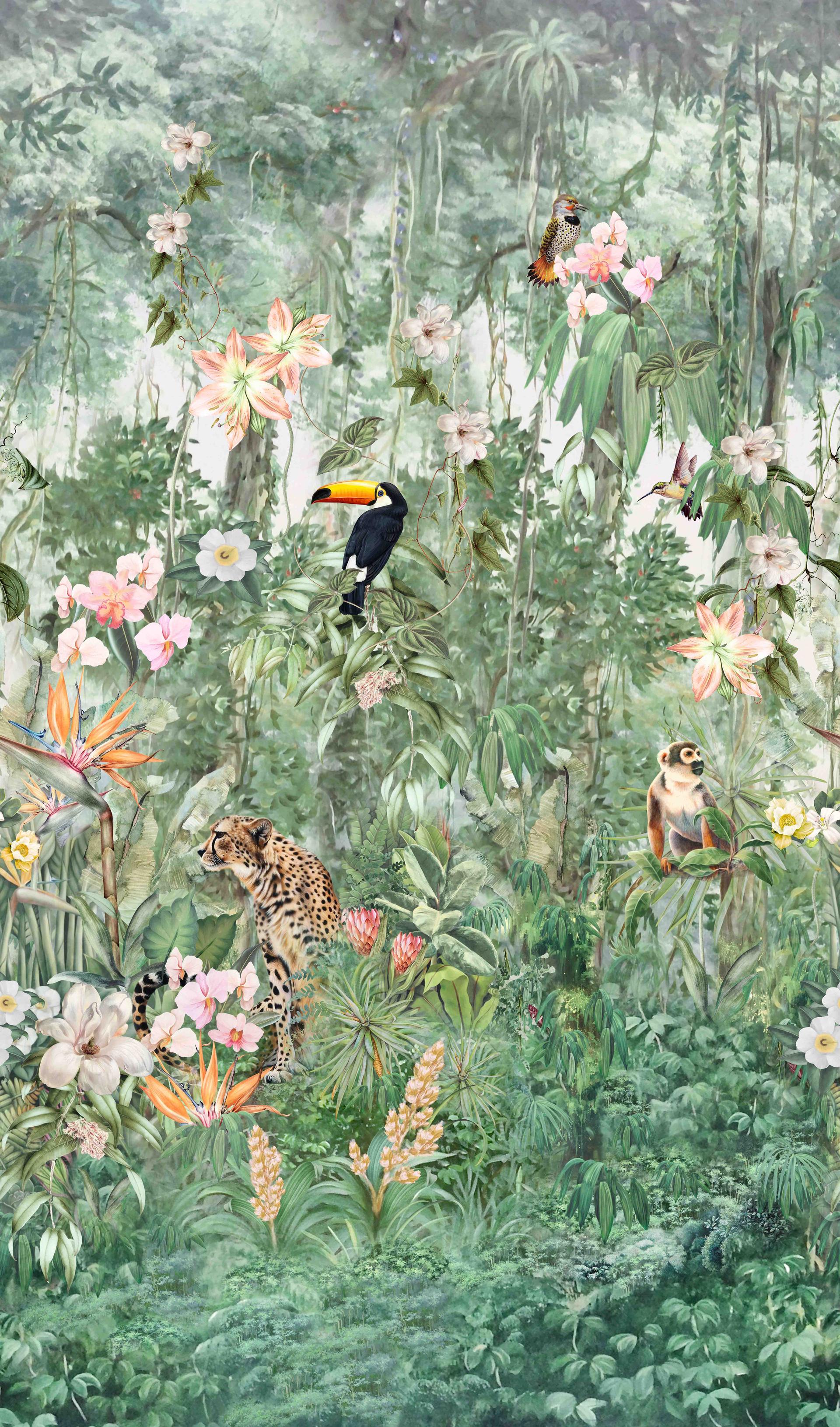 Fototapet med motiv af jungledyr og blomster med tukan akvarel 2,7 x 1,59 m