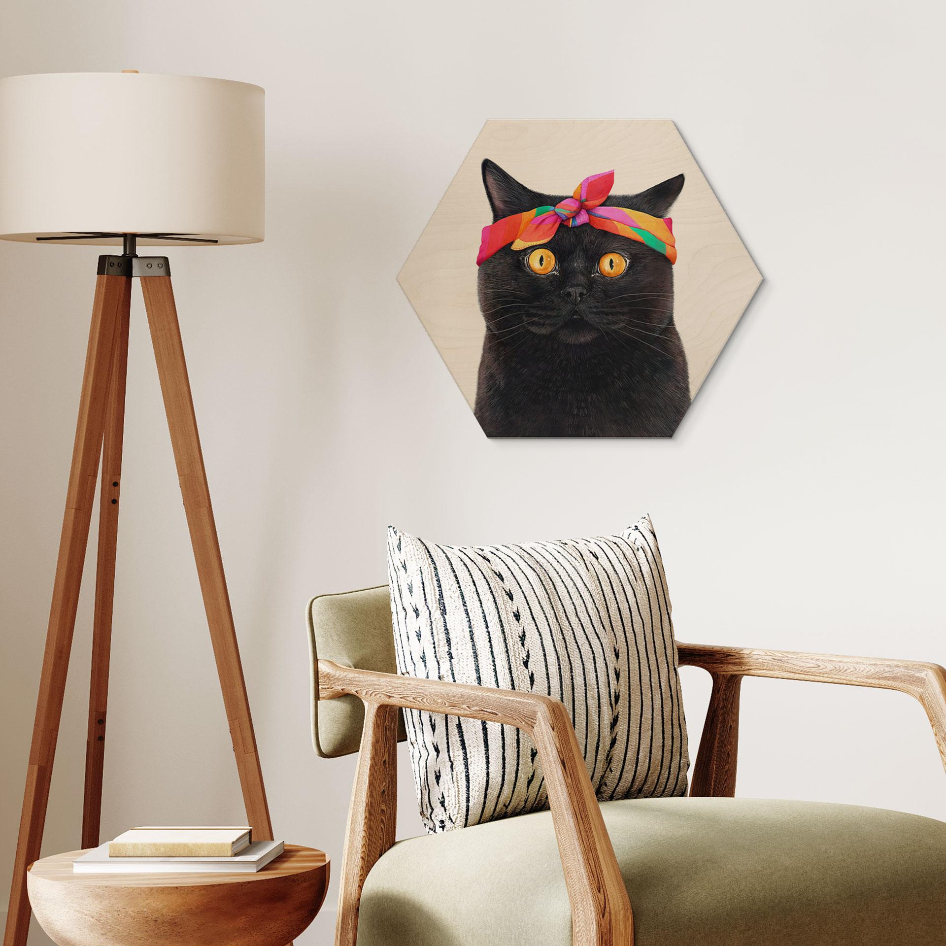 Billede af træ Sort kat med bandana hexagon - Korenkova