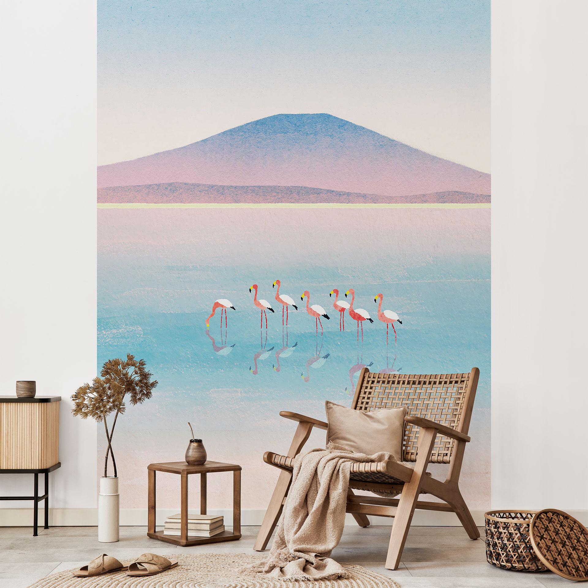 Fotomural Lago de tonos pastel con flamencos - Rivers